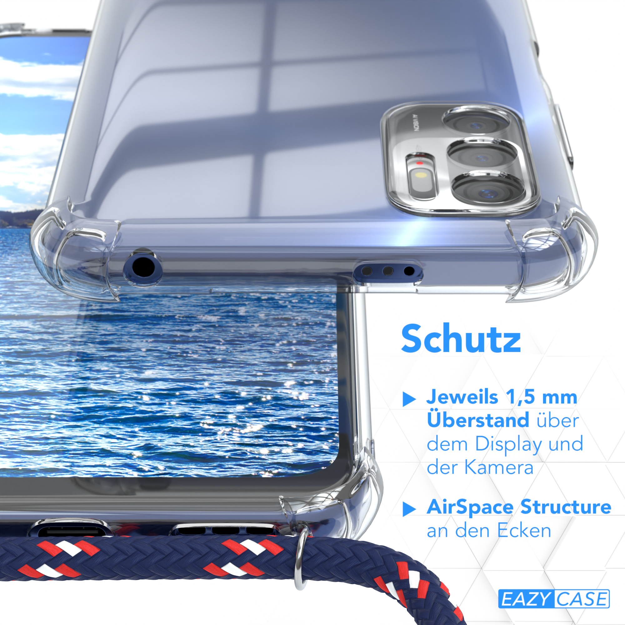 Transparente Handyhülle, mit Meer im Hintergrund. Text: Schutz. Details der Hülle und des Kabels werden gezeigt.