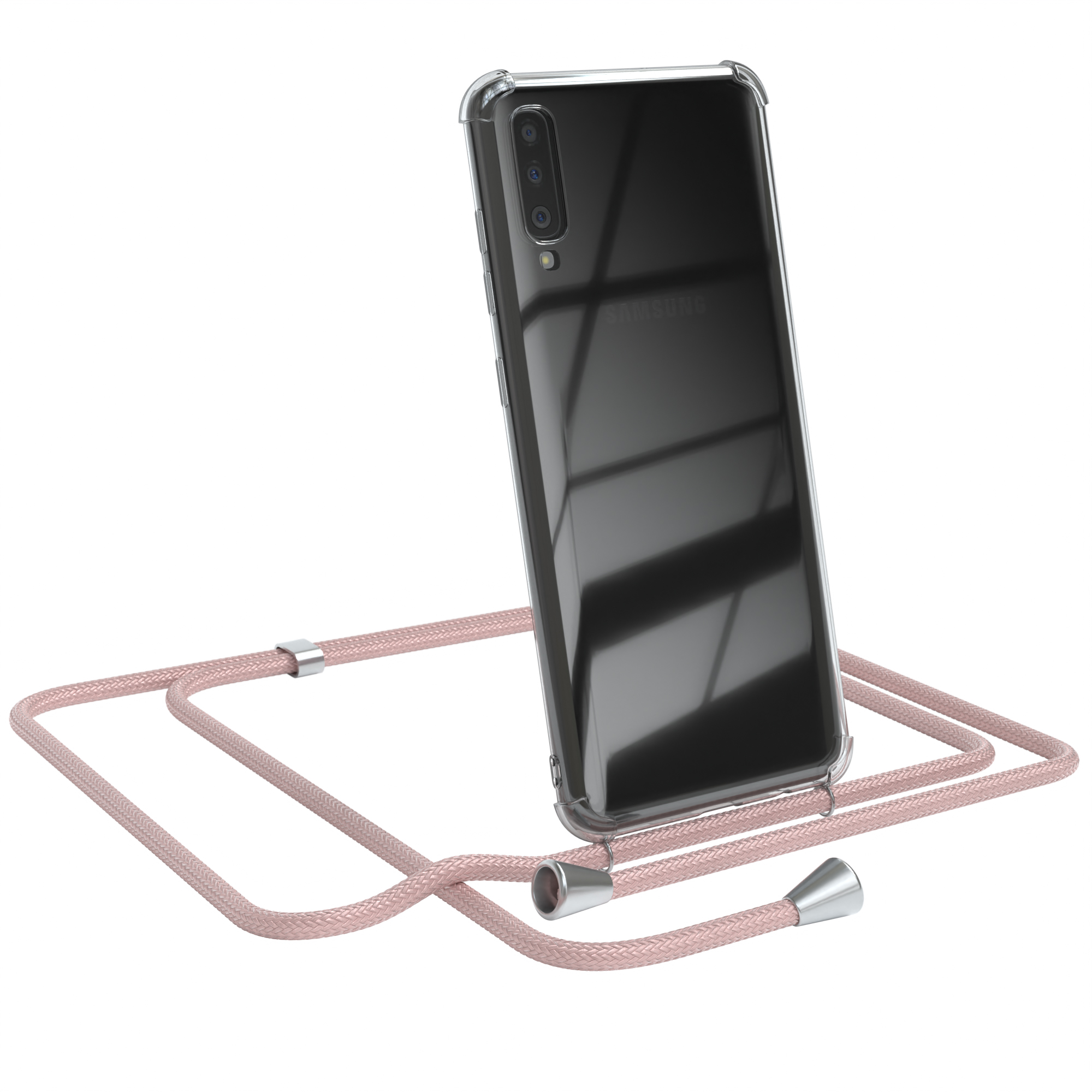 Telefon in transparenter Hülle mit rosa Band. Das Telefon ist ein Samsung.