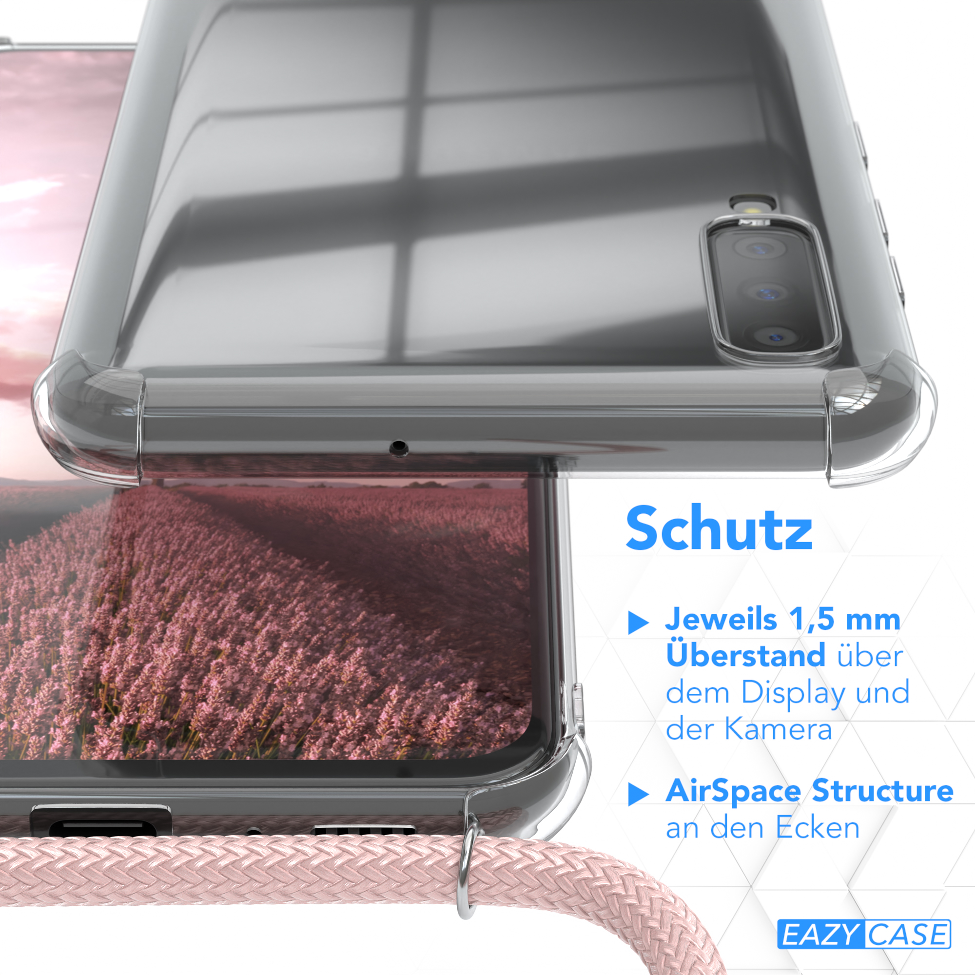 Transparente Handyhülle mit Lavendelfeld-Bild. Text: Schutz, 1,5 mm über dem Display.