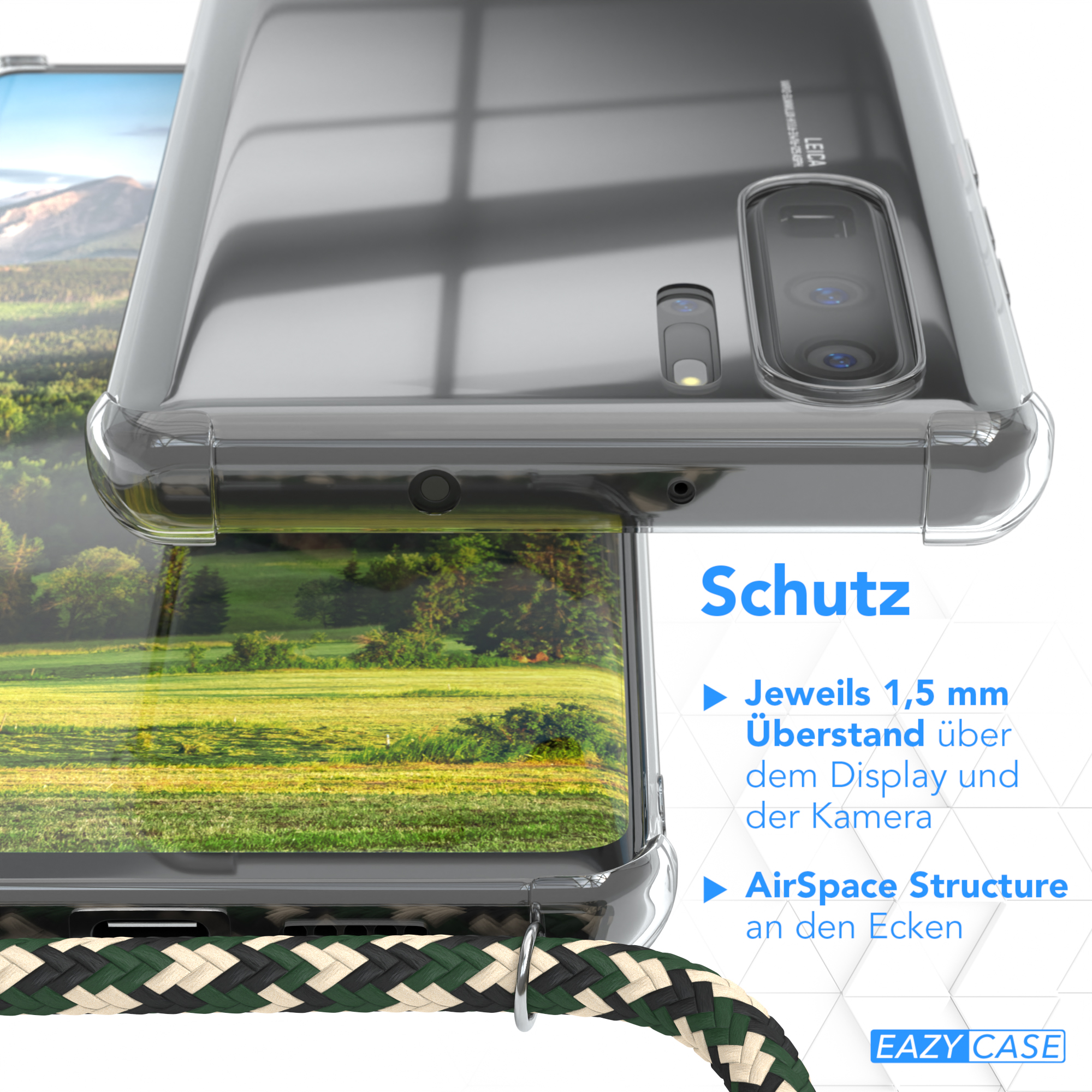 Nahaufnahme der Handyhülle, Text und Funktionen.