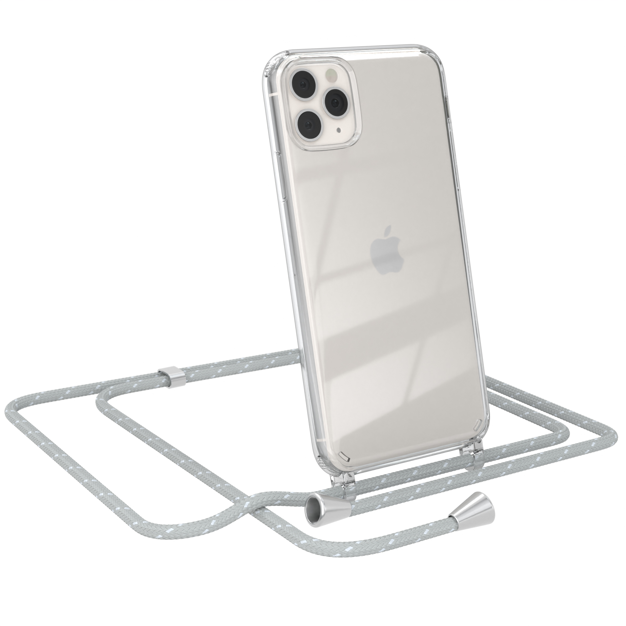 Klare Handyhülle mit grauem Kabel. iPhone mit Apple-Logo. Weißer Hintergrund.