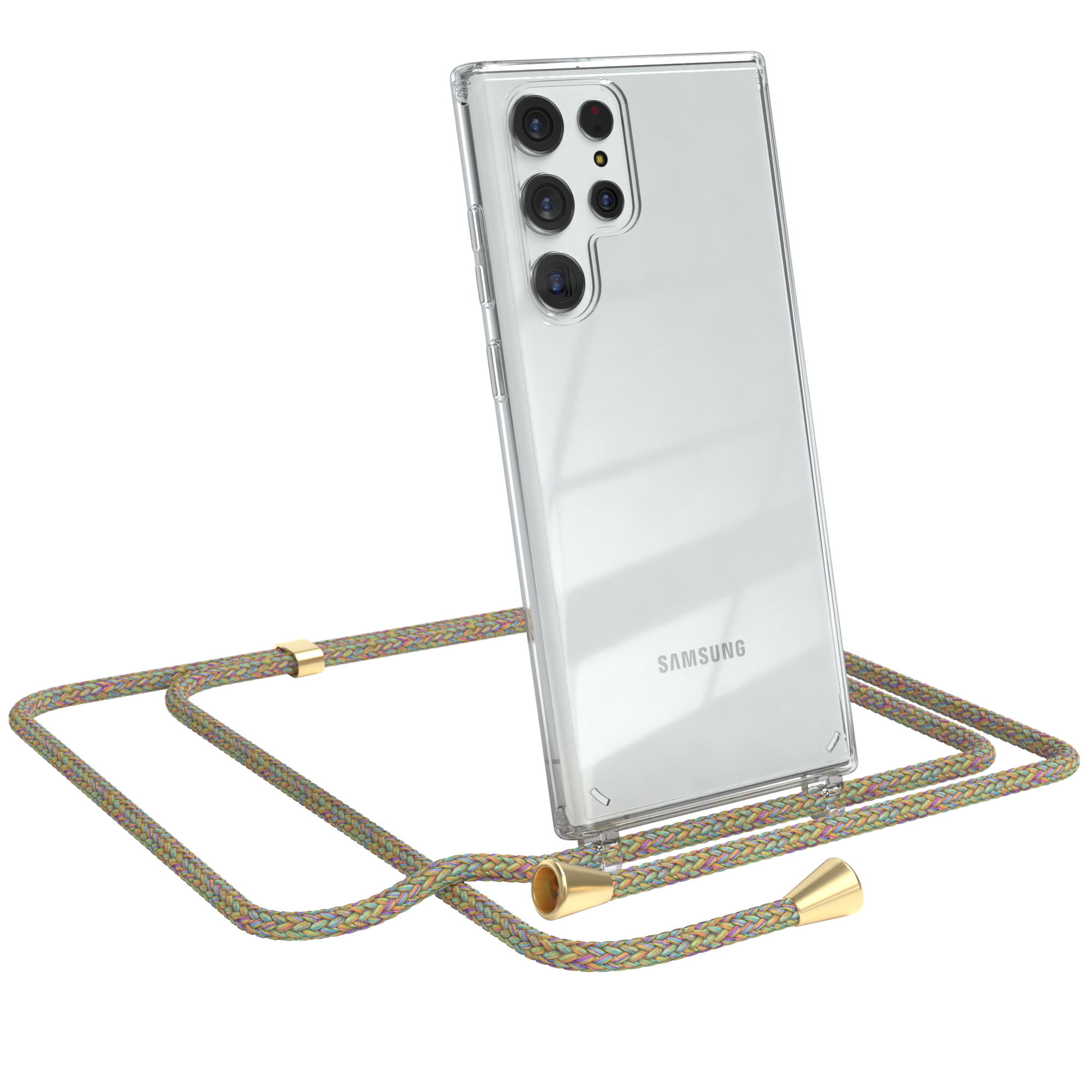 Transparente Handyhülle mit buntem Kordelband. Ein Samsung-Handy ist im Case.
