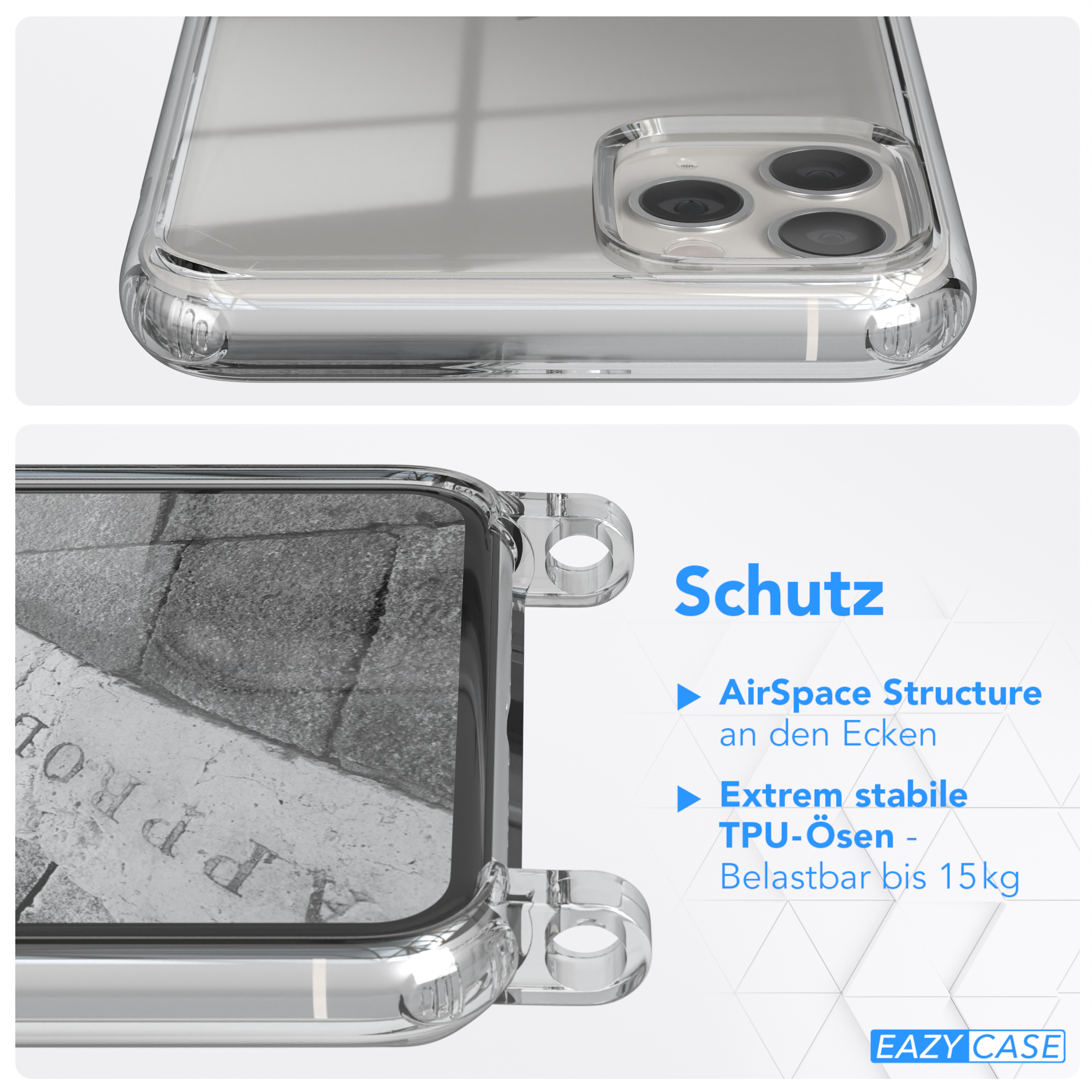 Transparente Handyhülle, schützt Telefon, mit Kopfsteinpflaster-Hintergrund.
