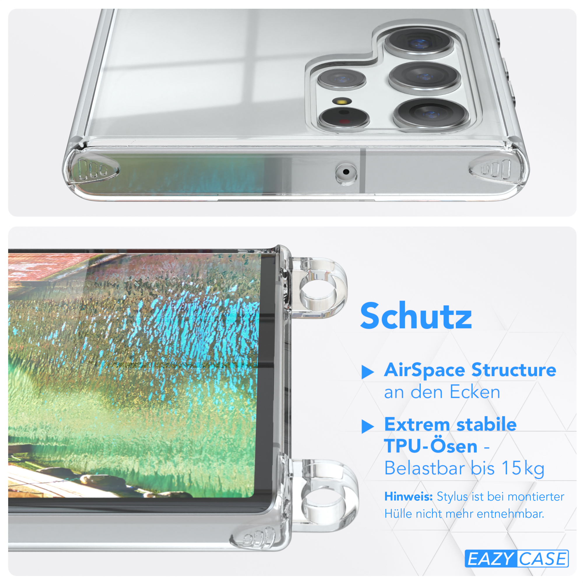 Transparente Handyhülle schützt ein Telefon. Text zeigt 'AirSpace Structure', 'TPU-Ösen' und '15kg'.