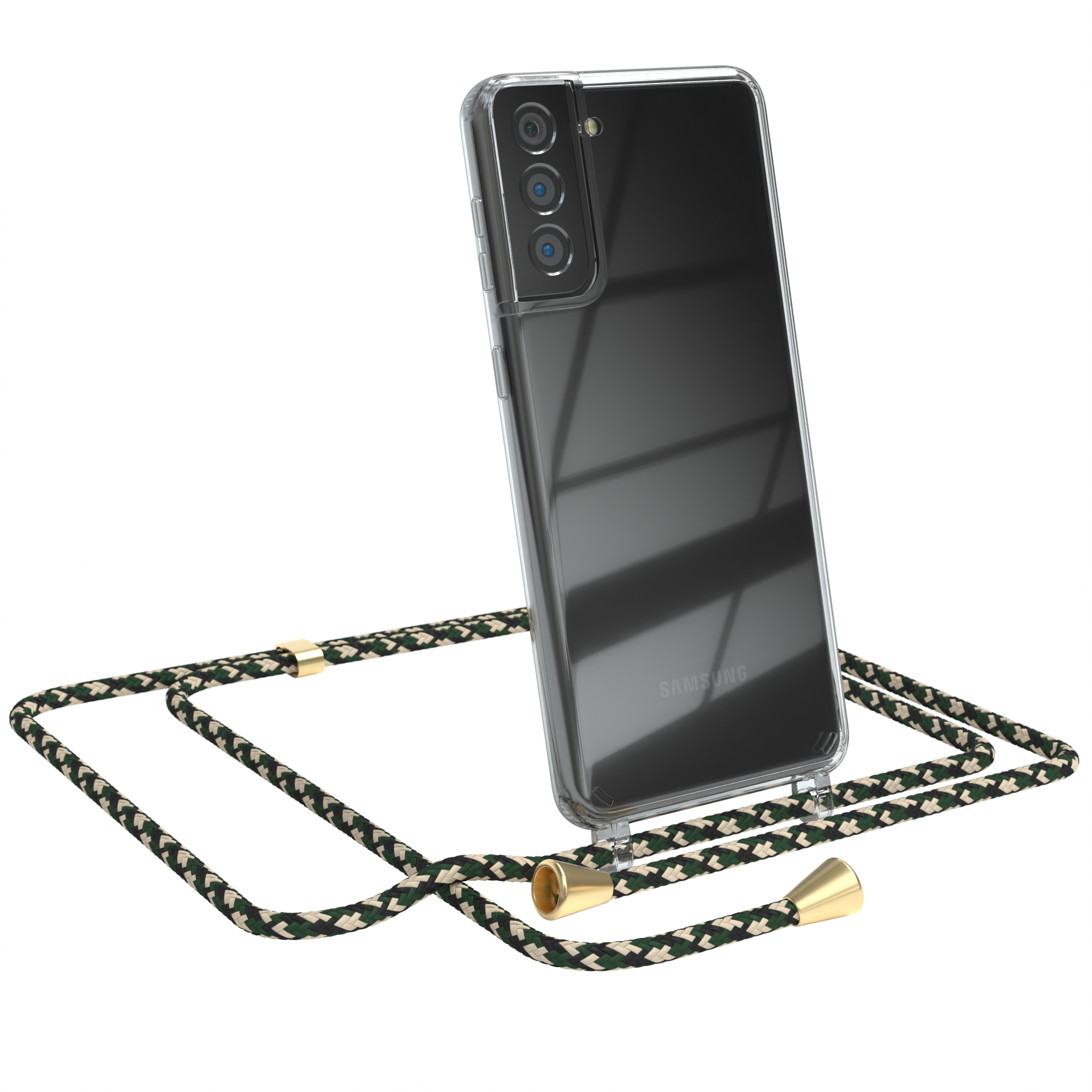 Transparente Handyhülle mit Camouflage-Umhängeband. Samsung. Weißer Hintergrund.
