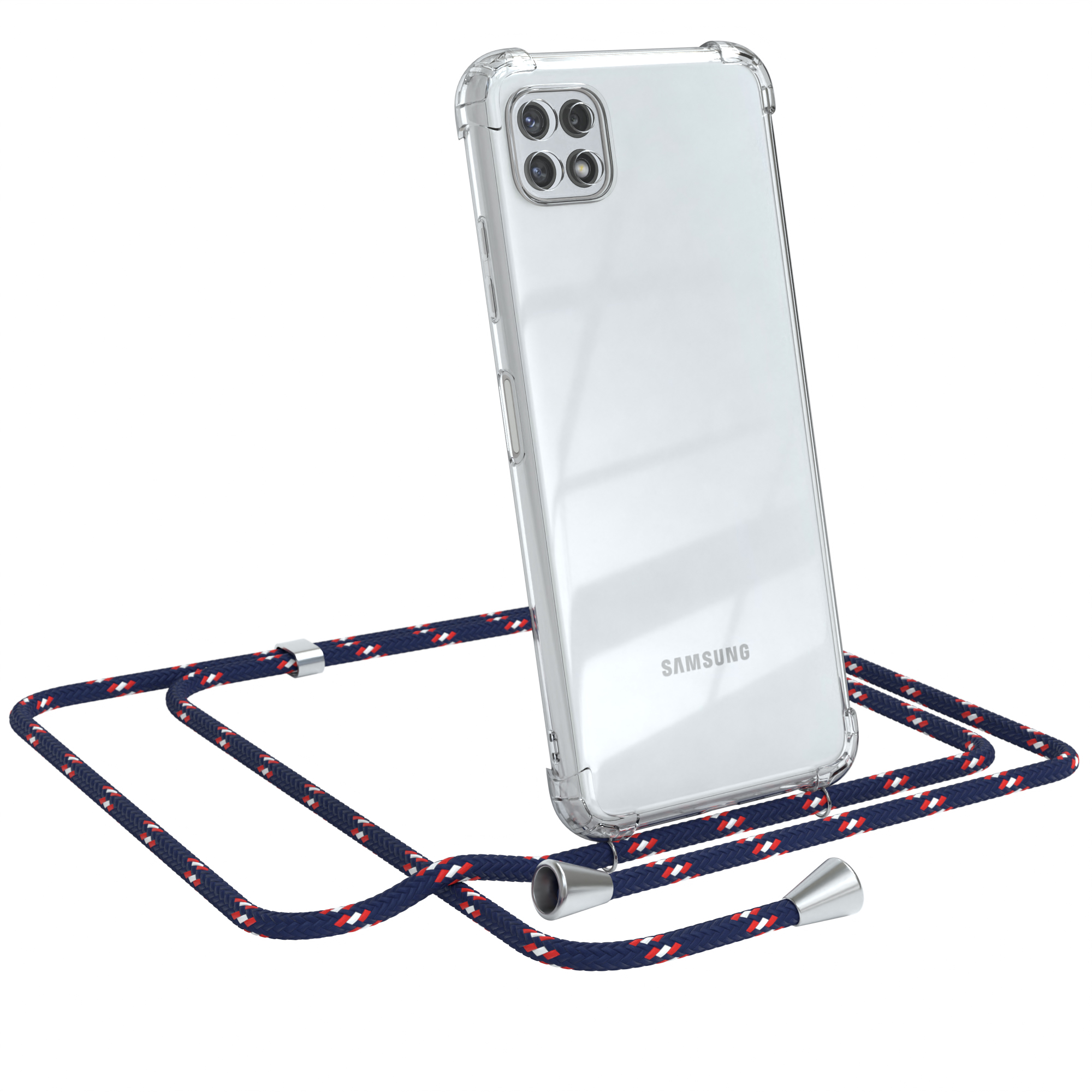 Schwarzes Telefon in klarer Hülle mit rot-weißem Umhängeband. Weißer Hintergrund.