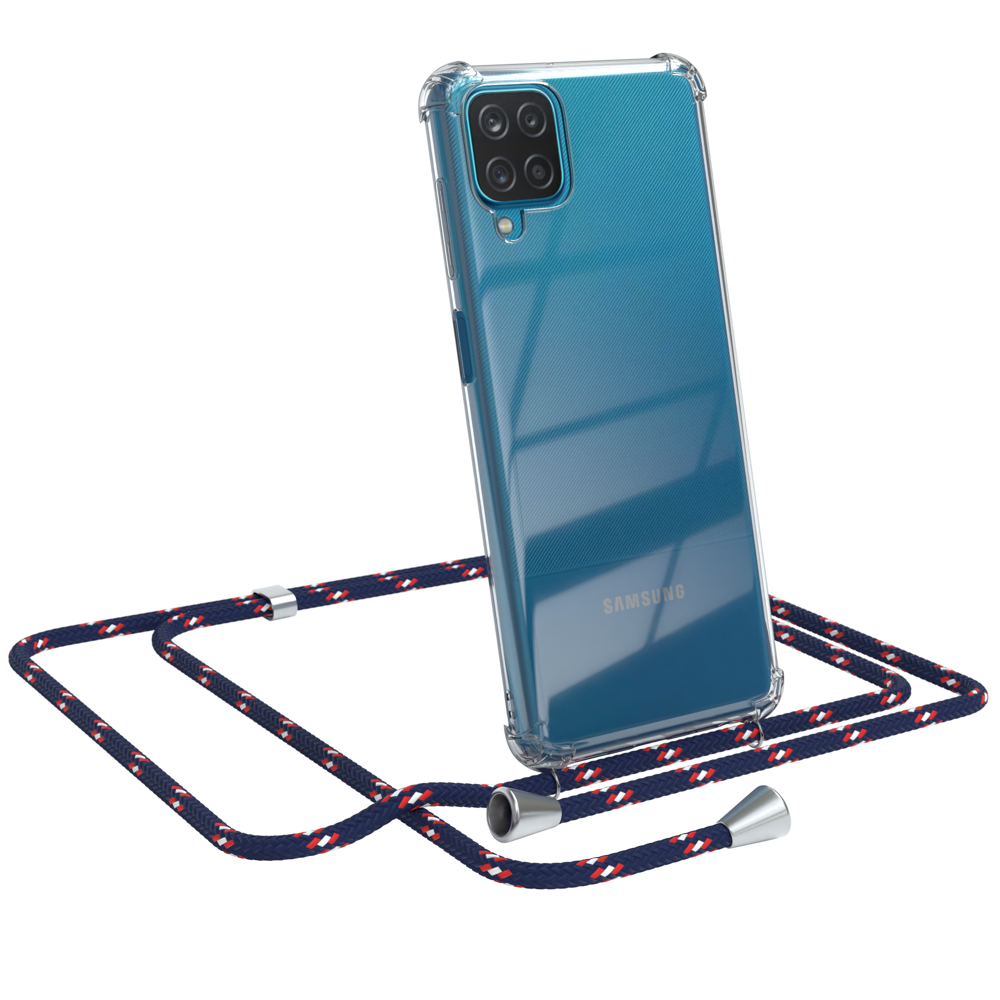 EAZY CASE Blau / Galaxy Clips A12, Umhängeband, Umhängetasche, Cover Clear Samsung, mit Silber Camouflage