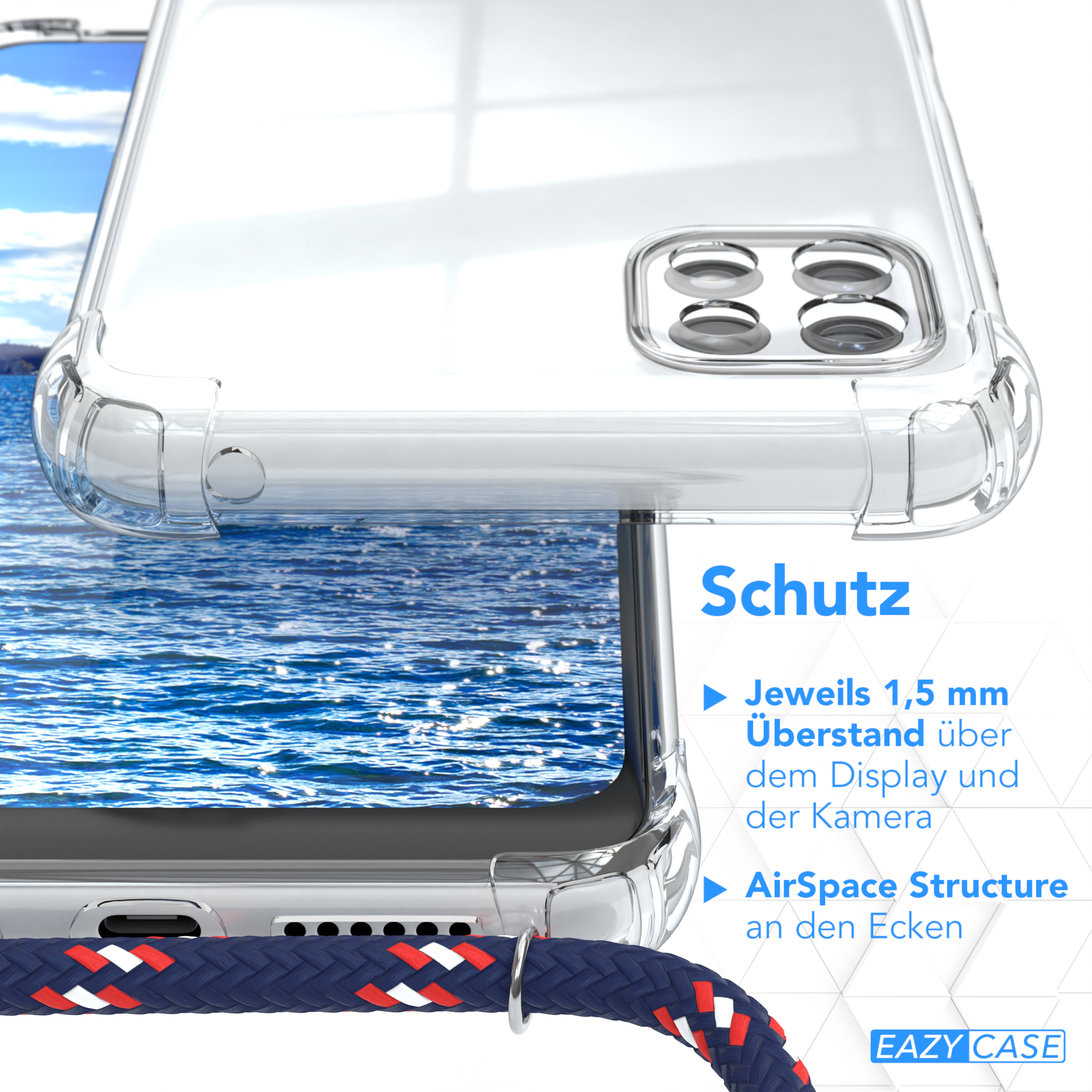 Transparente Handyhülle mit Text. Nahaufnahme des Randes der Hülle. Blauer Wasserhintergrund.