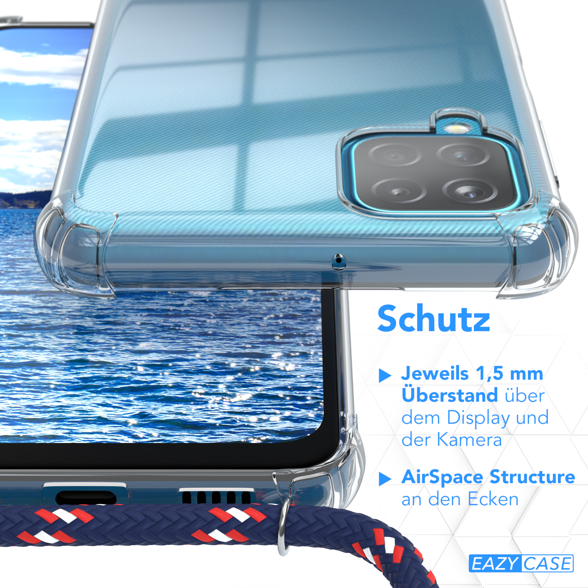 Detail der Handyhülle. Schutzfunktionen mit blauem Hintergrund und blau-roter Kordel hervorgehoben.