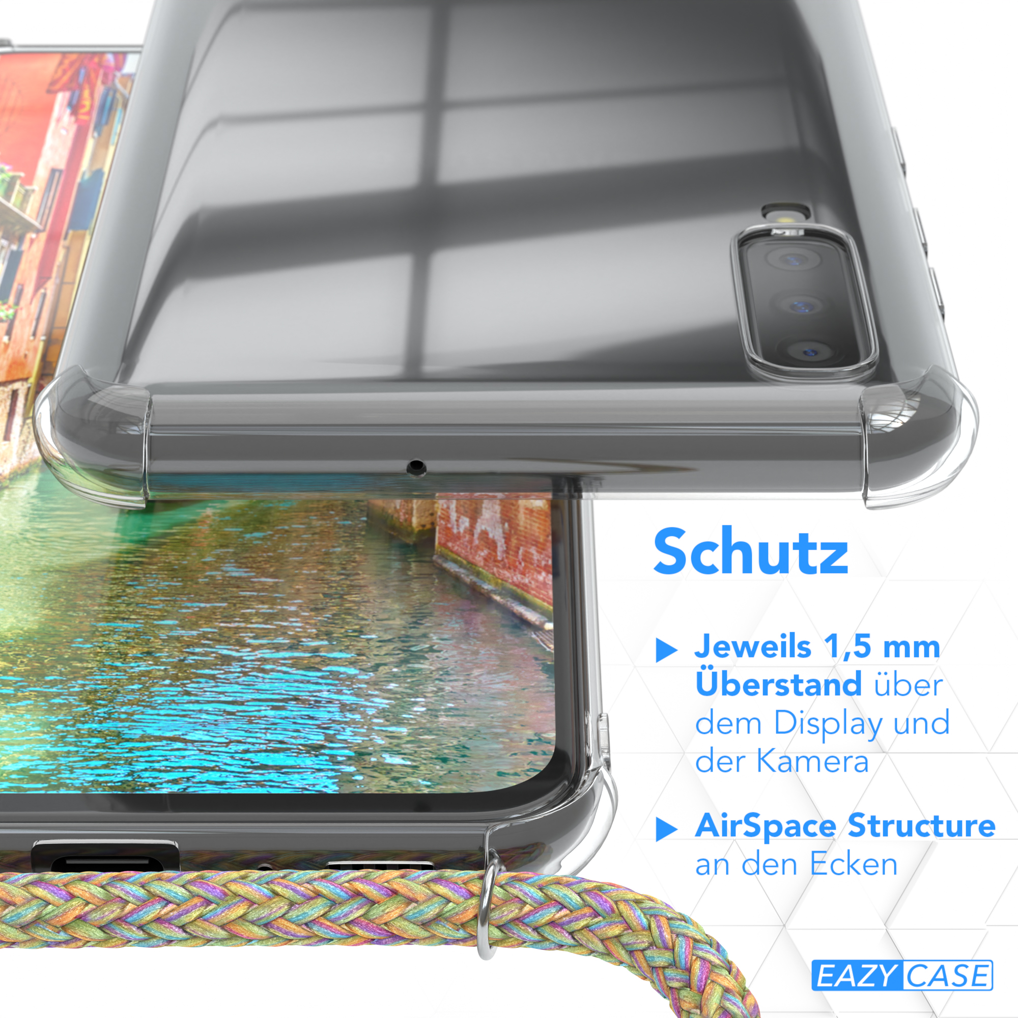 Nahaufnahme einer durchsichtigen Handyhülle. Text: Schutz. Details zur Hülle.