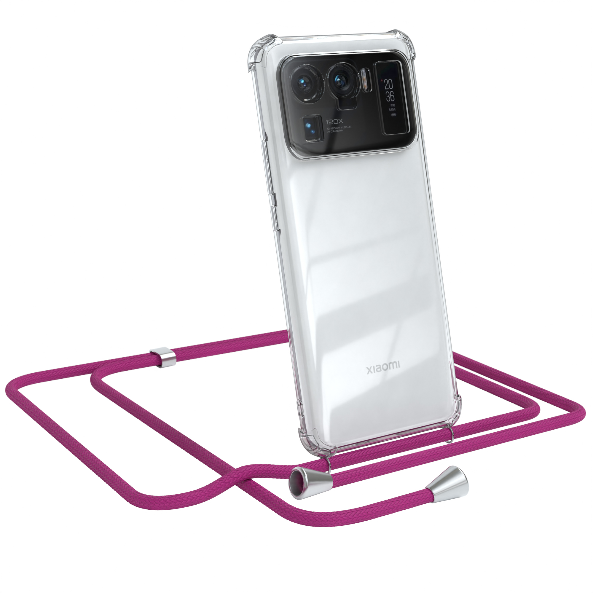 Telefon in klarer Hülle mit rosa Seil. Das Telefon ist von Xiaomi. Der Hintergrund ist weiß.