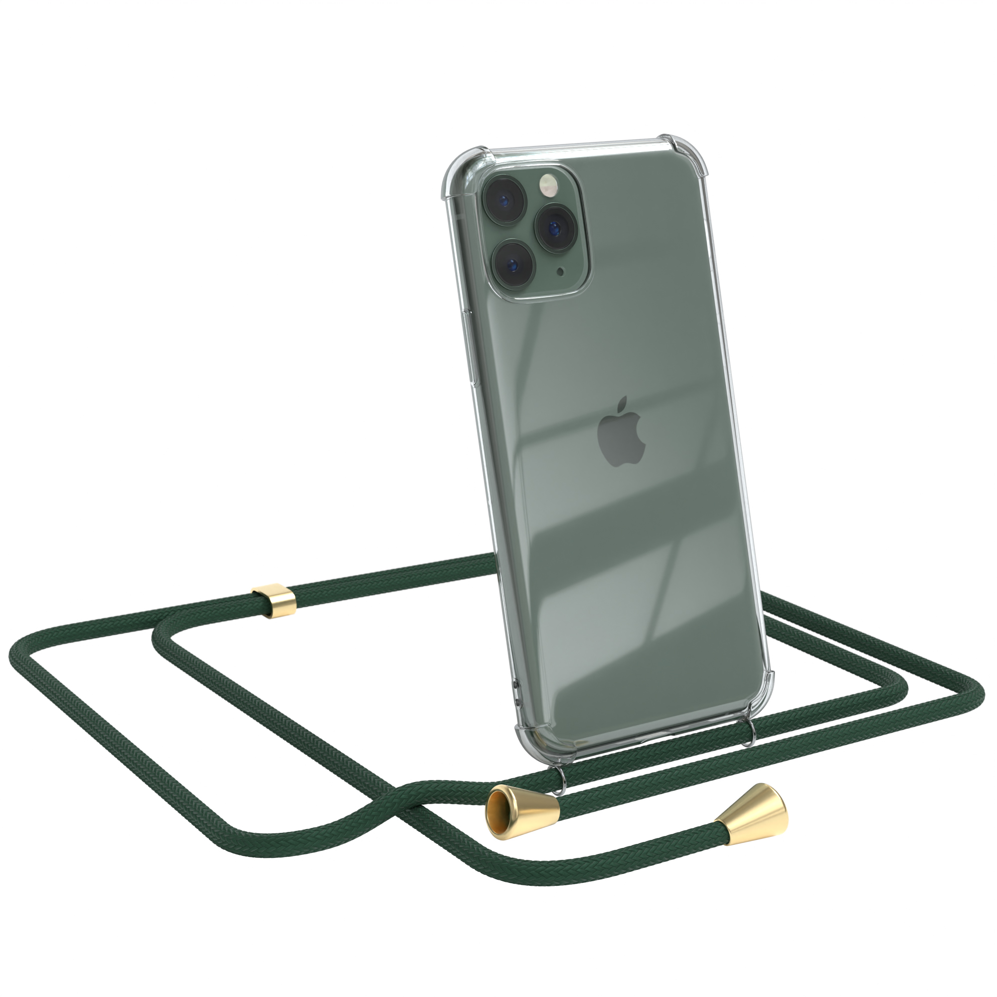 Ein iPhone in einer durchsichtigen Hülle mit einem dunkelgrünen Umhängeband. Das Telefon ist abgewinkelt.
