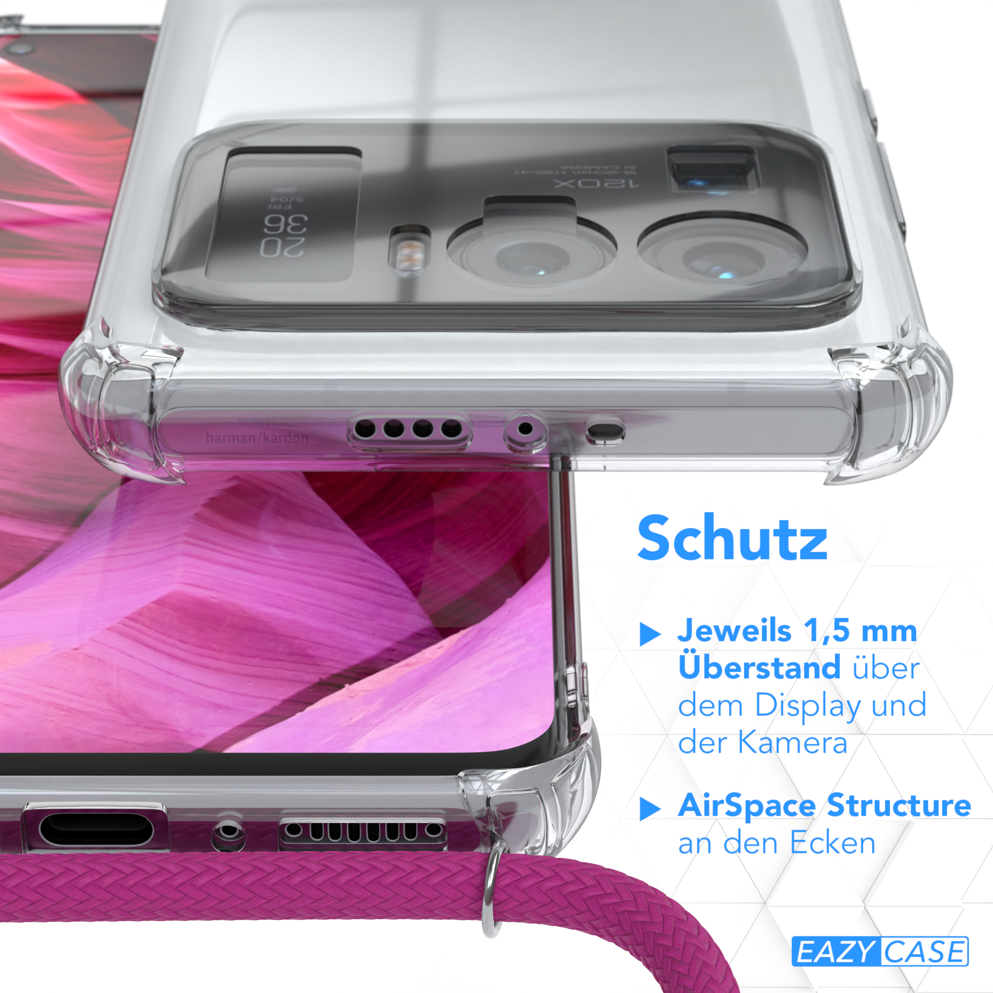 Nahaufnahme eines Telefons in einer transparenten Hülle. Schutzmerkmale sind blau hervorgehoben.