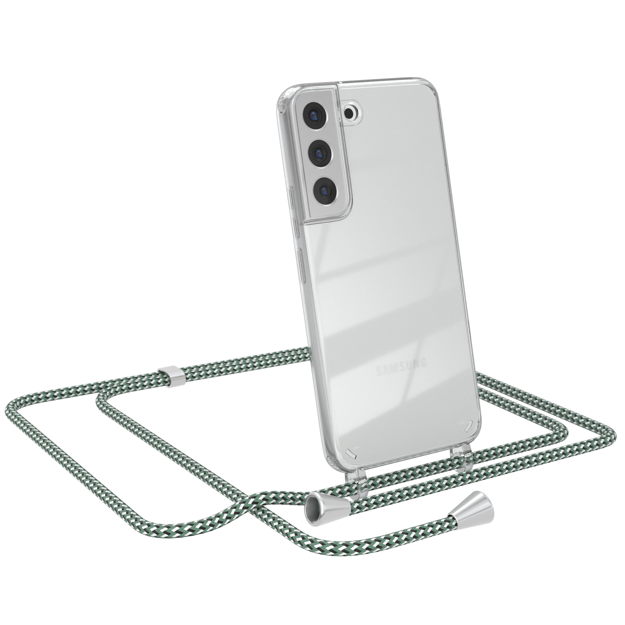 Samsung-Handy in transparenter Hülle mit grünem Umhängeband. Weißer Hintergrund.