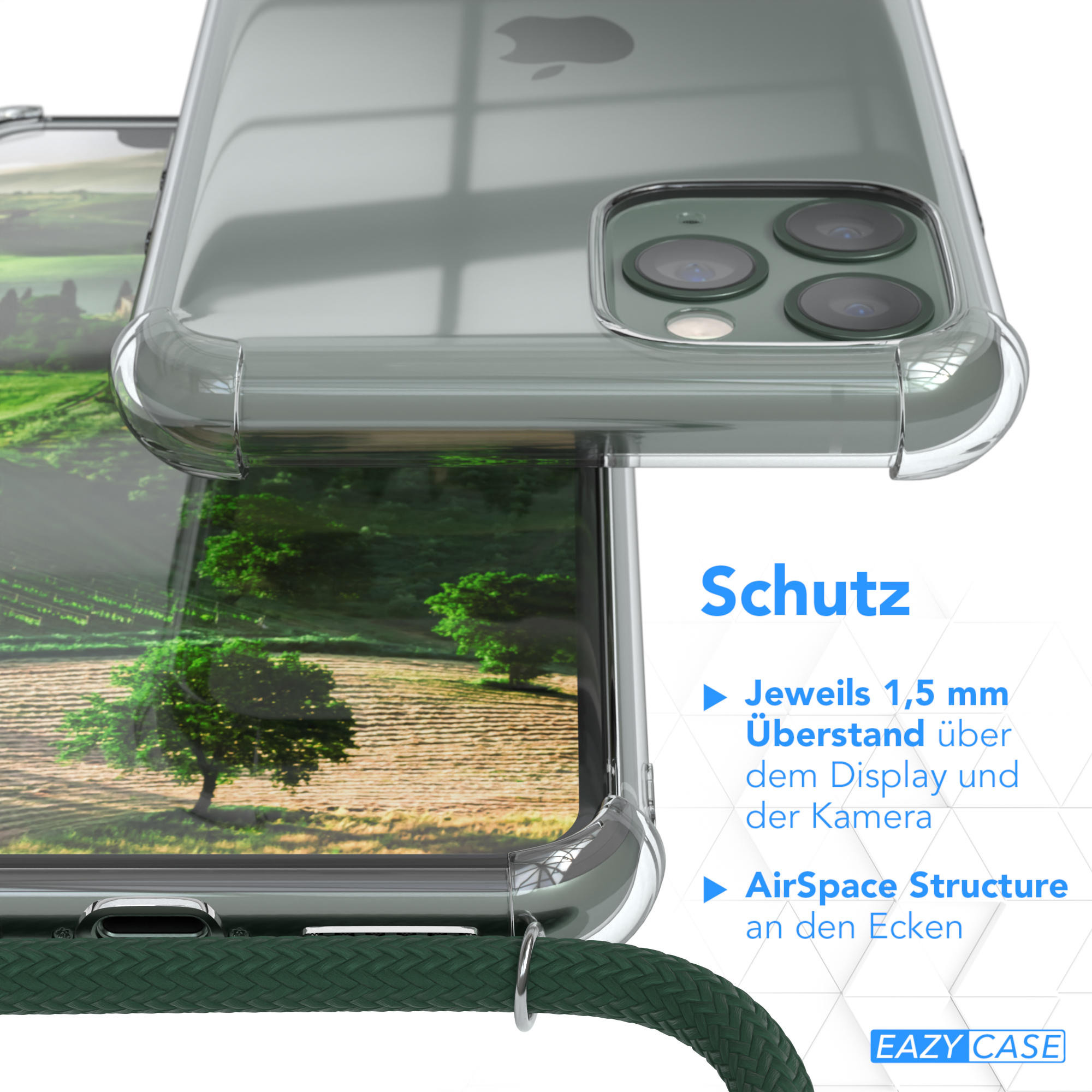 Transparente Handyhülle auf einem Telefon, grünes geflochtenes Kabel, mit Baumhintergrund.