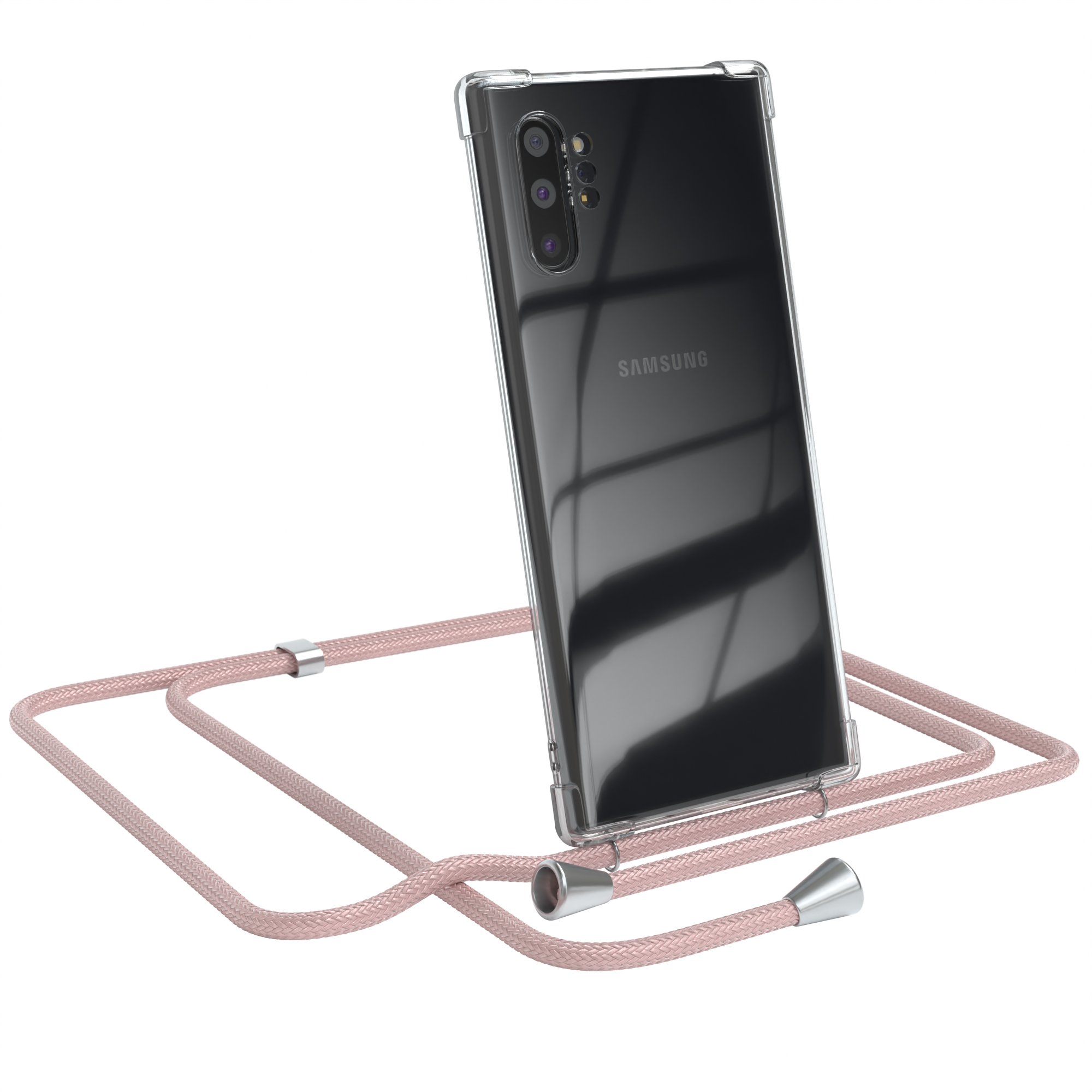 Transparente Handyhülle mit pinkfarbenem Umhängeband. Samsung-Logo. Weißer Hintergrund.