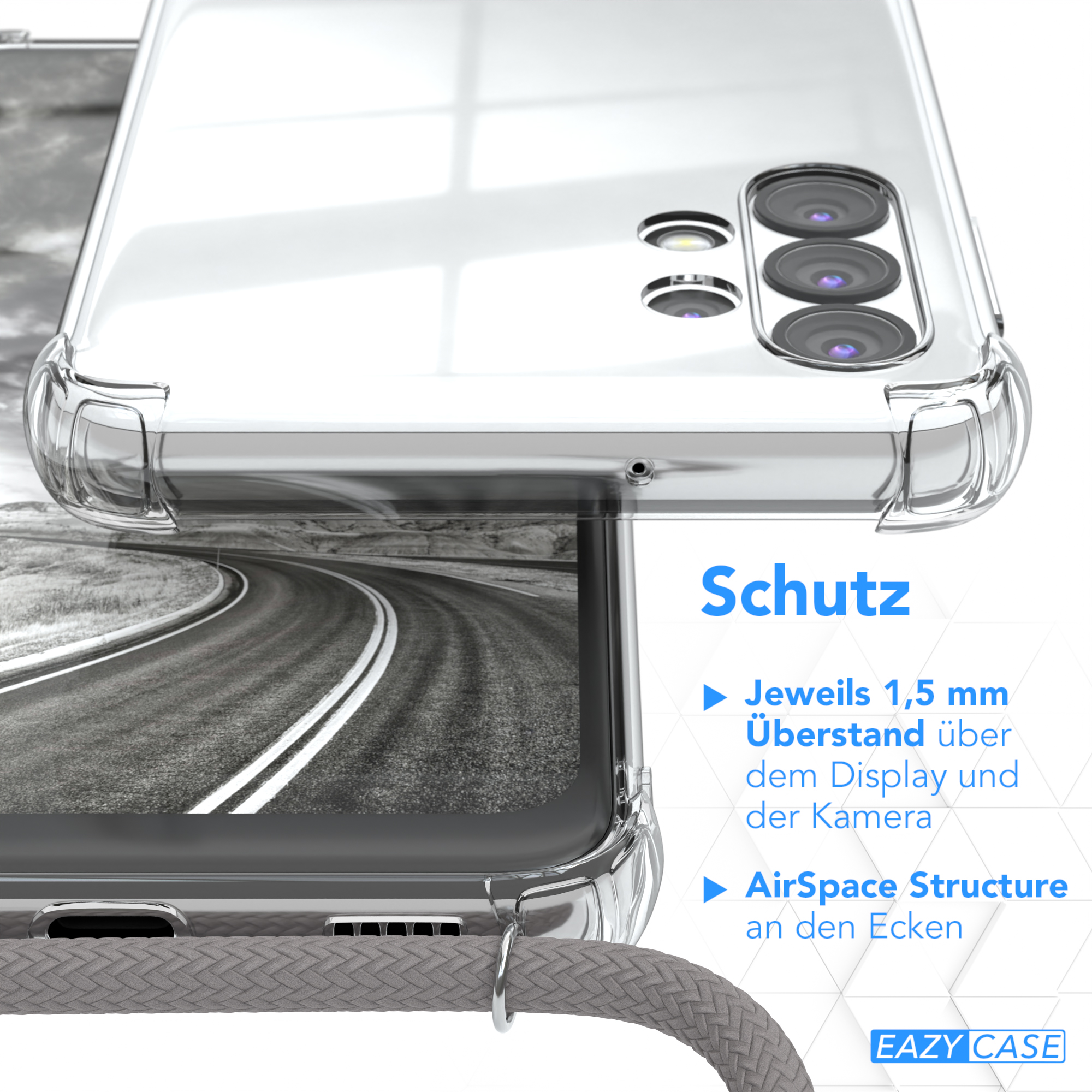 Nahaufnahme einer durchsichtigen Handyhülle. Text sagt 'AirSpace Structure'. Hülle zeigt grauen Gurt.