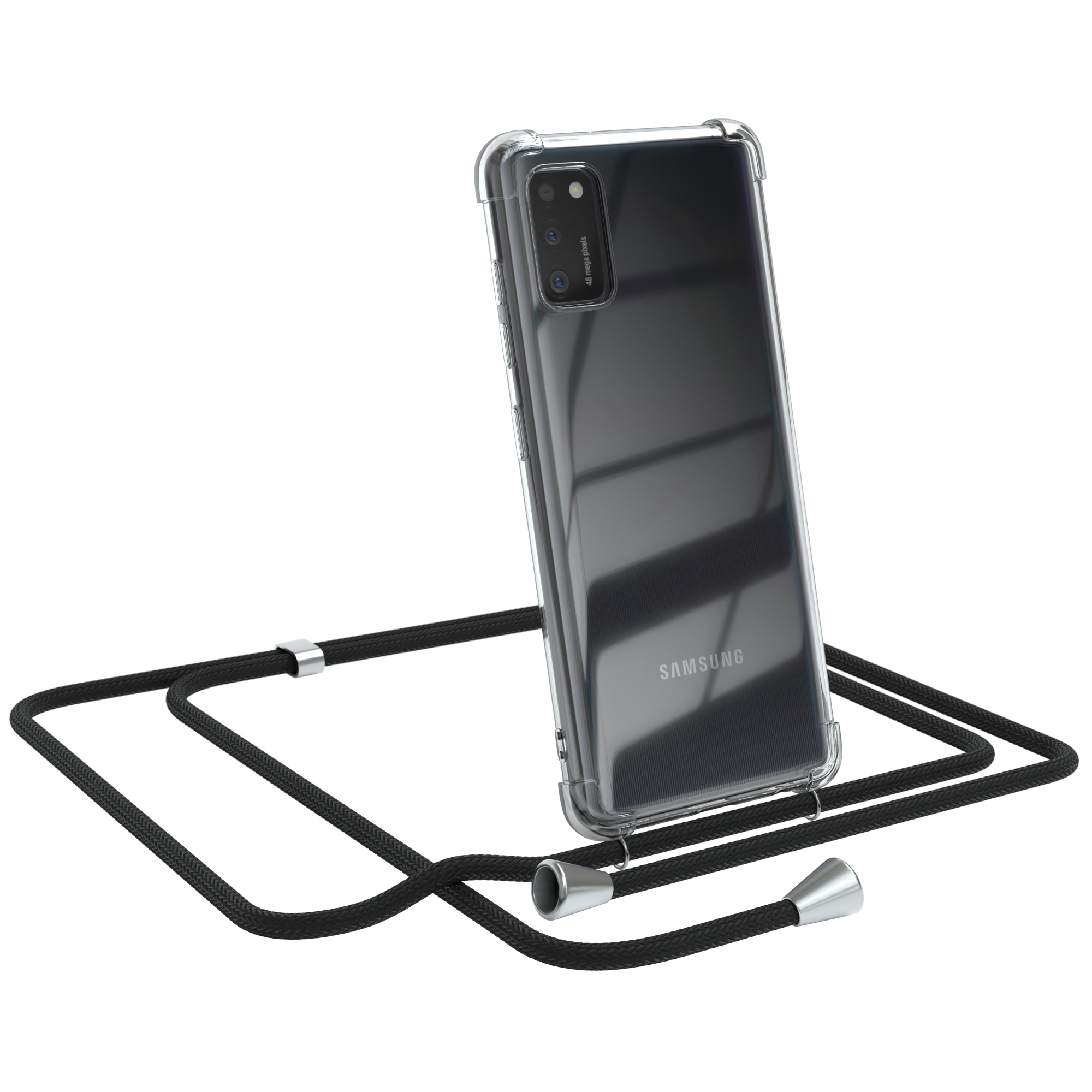 Transparente Handyhülle mit einem schwarzen Lanyard.