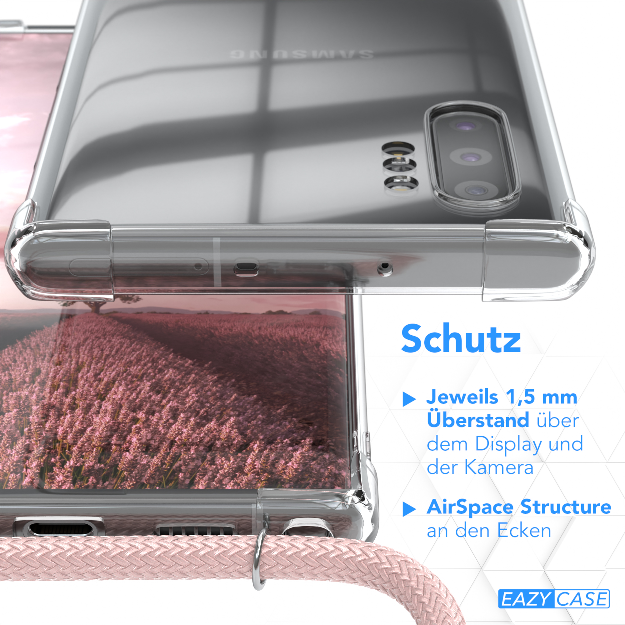 Nahaufnahme einer Handyhülle. Text: Schutz. Merkmale: 1,5 mm Display- und Kamerarand.