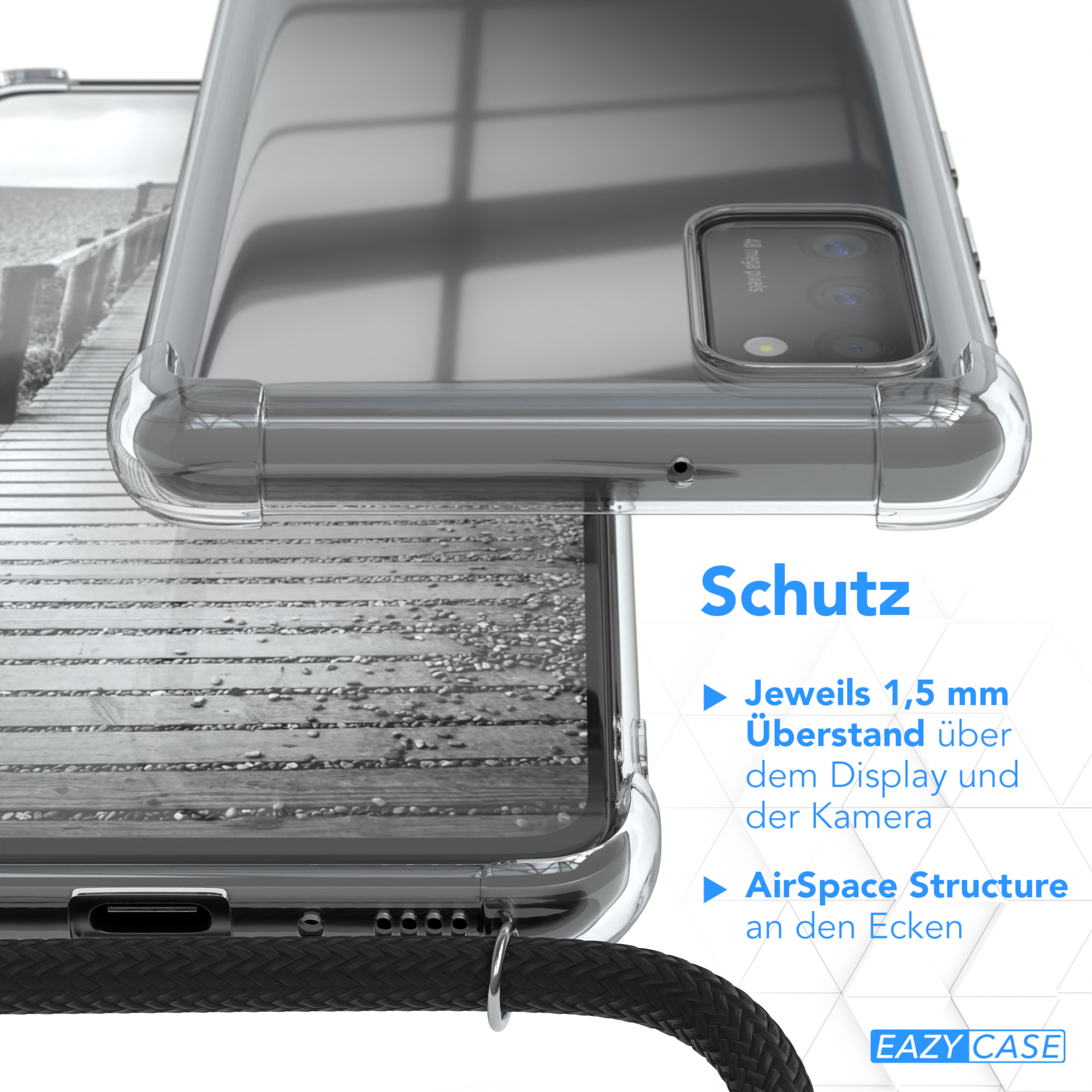 EAZY CASE Umhängetasche, Cover mit Galaxy Clear Silber Schwarz Umhängeband, A41, Samsung, Clips 