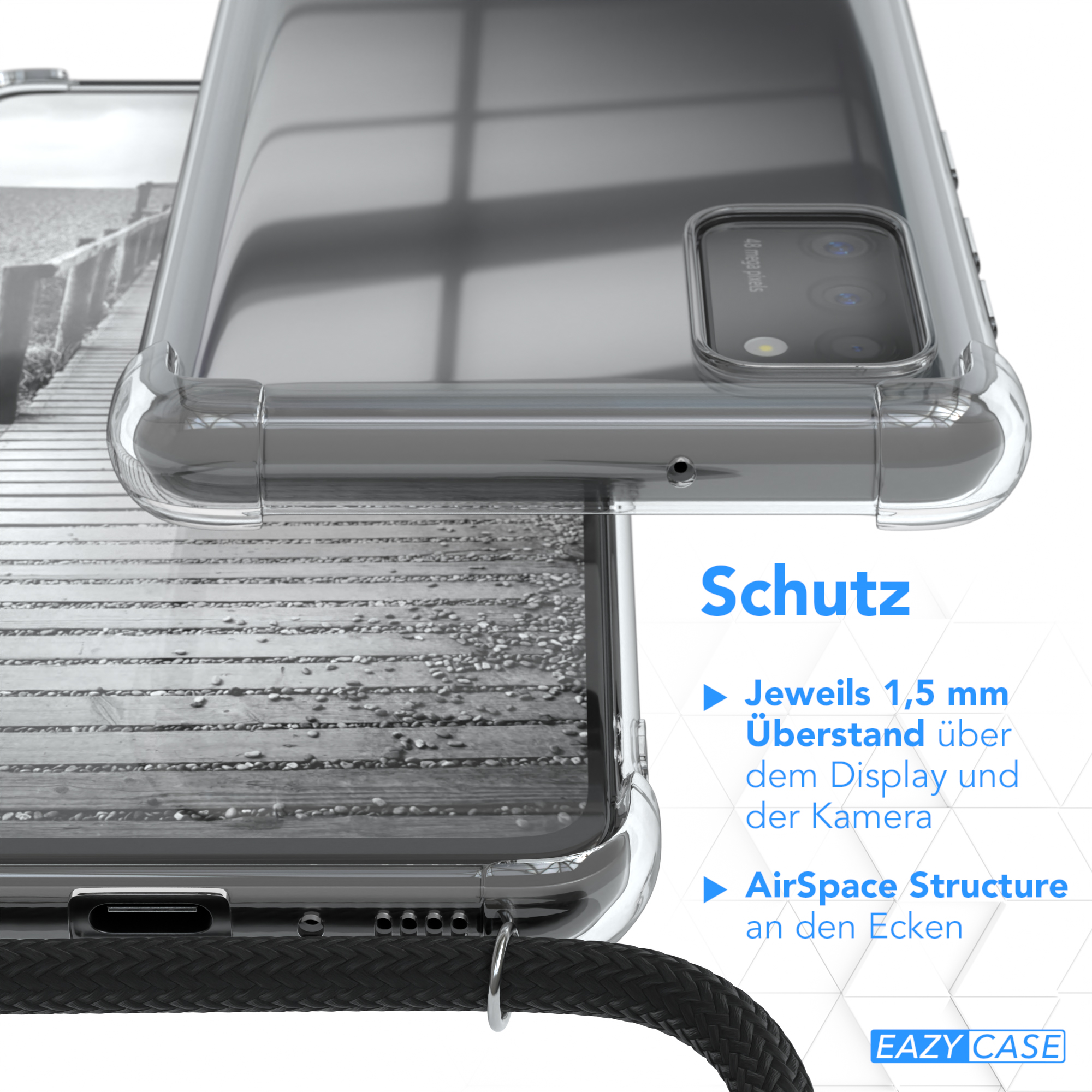 Telefon in einer transparenten Hülle. Nahaufnahme, Schutzfunktion.