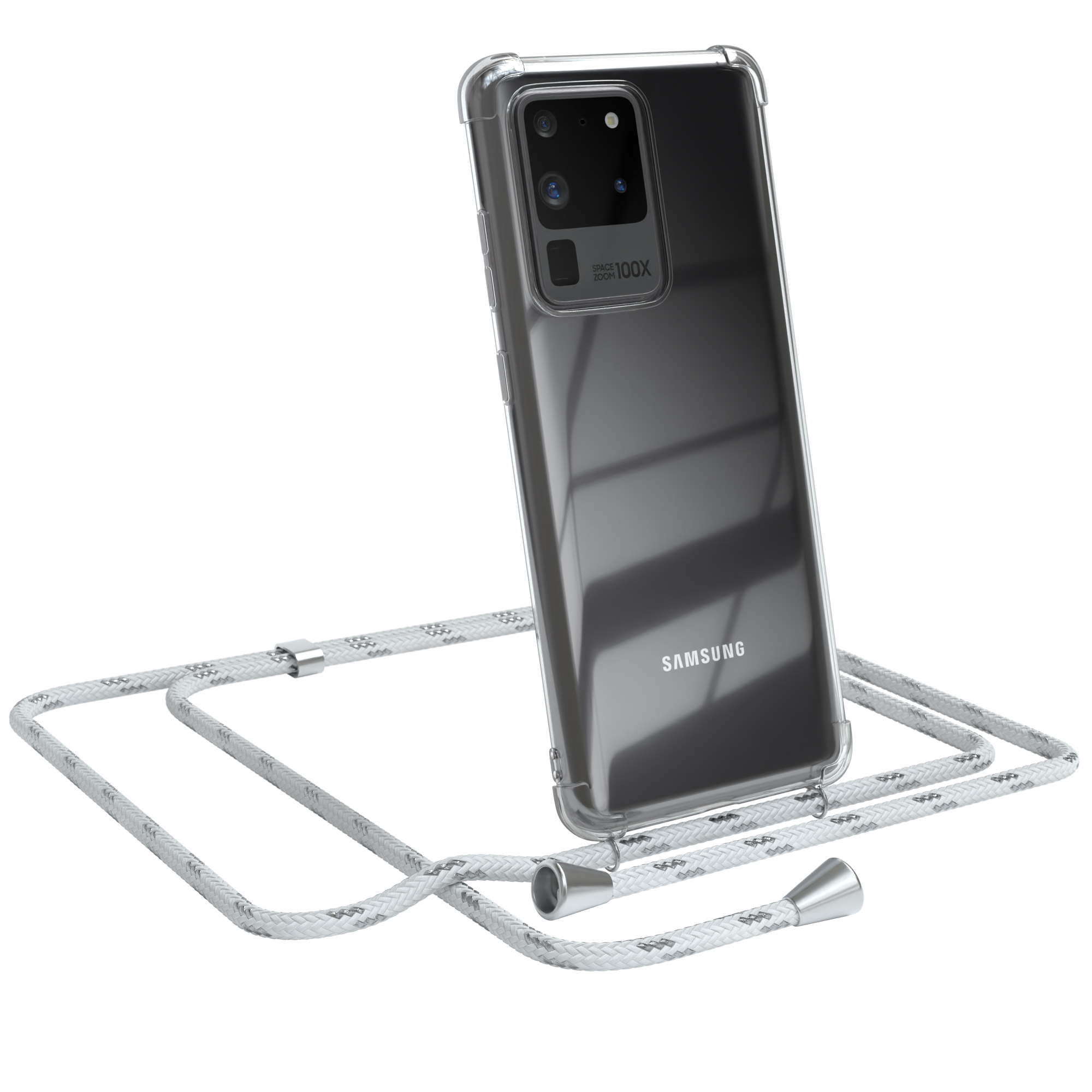 Eine transparente Handyhülle mit weißem Seil, silbernen Akzenten und einem Samsung-Handy.