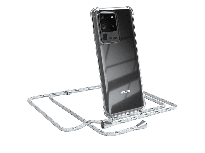 EAZY CASE Clear Cover mit Umhängeband, Umhängetasche, Samsung, Galaxy S20 Ultra / S20 Ultra 5G, Weiß / Clips Silber