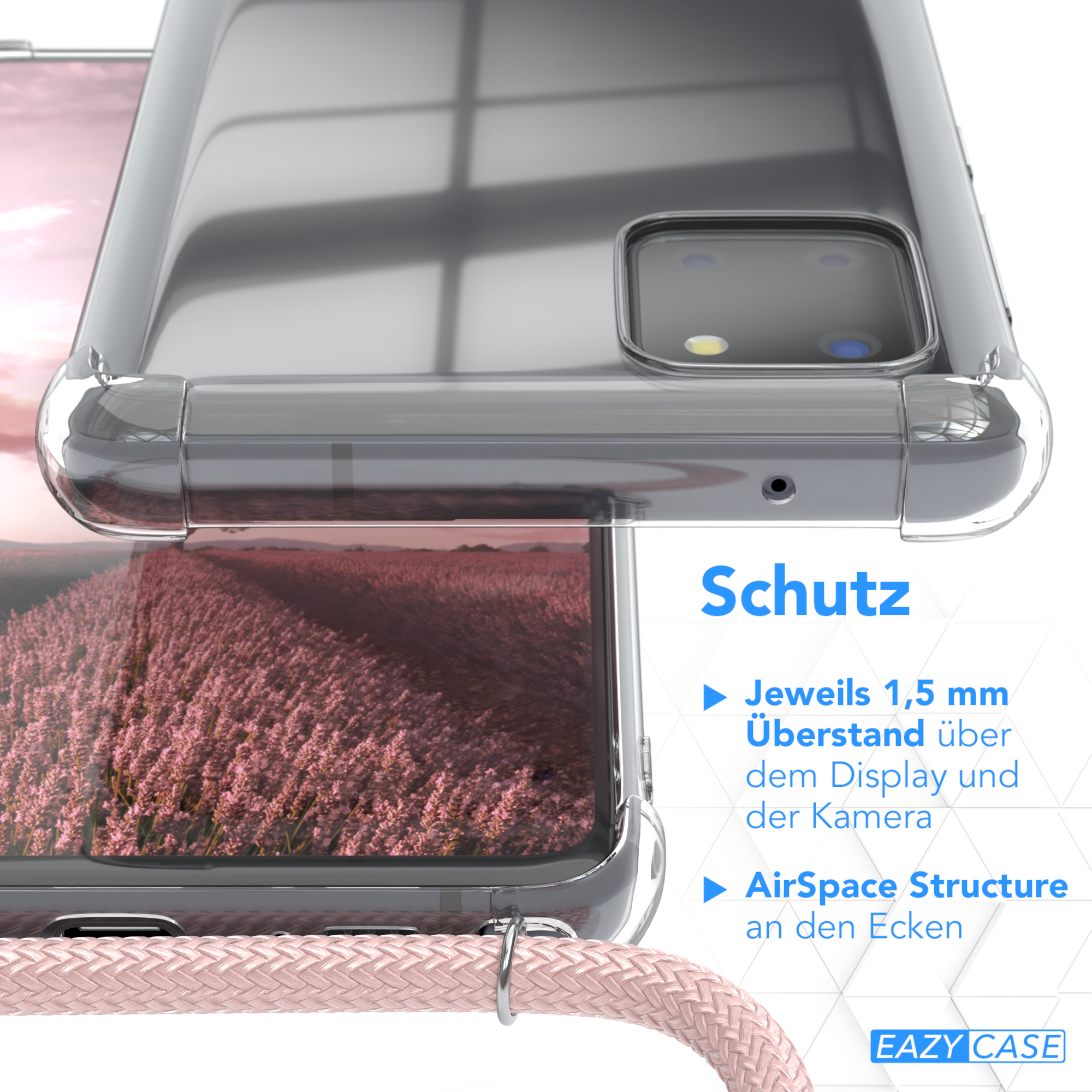 Transparente Hülle auf einem Telefon, mit rosa Kordel, zeigt den Bildschirm des Telefons.