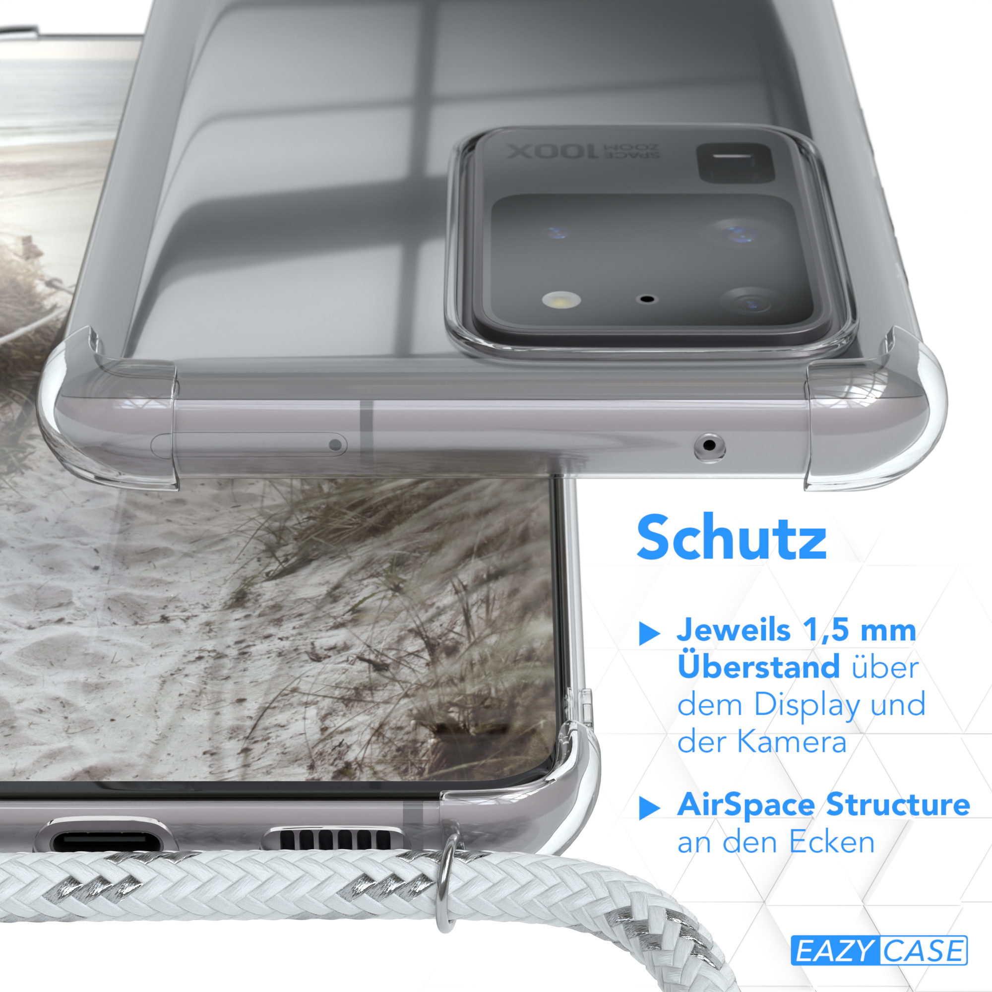 EAZY CASE Clear Cover mit Weiß S20 Ultra 5G, S20 Galaxy / / Silber Clips Umhängetasche, Samsung, Ultra Umhängeband