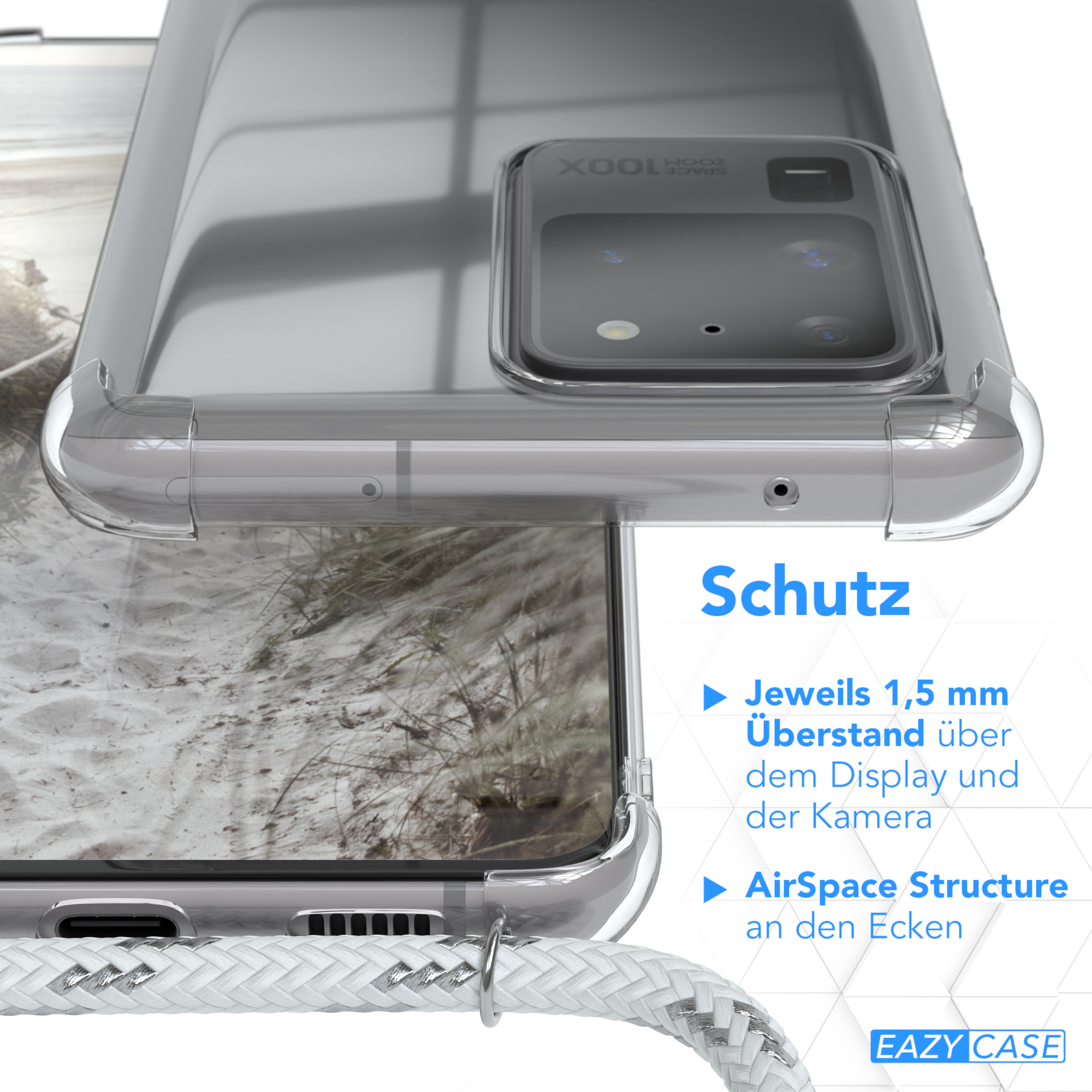 Klare Handyhülle. Nahaufnahme zeigt Details einschließlich Kamera und Eckenschutz. Sie ist transparent.