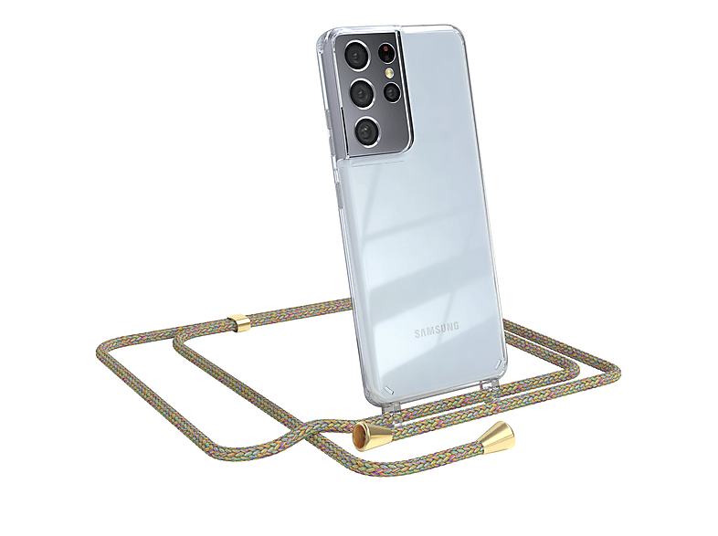 EAZY CASE Clear Cover mit Umhängeband, Umhängetasche, Samsung, Galaxy S21 Ultra 5G, Bunt / Clips Gold