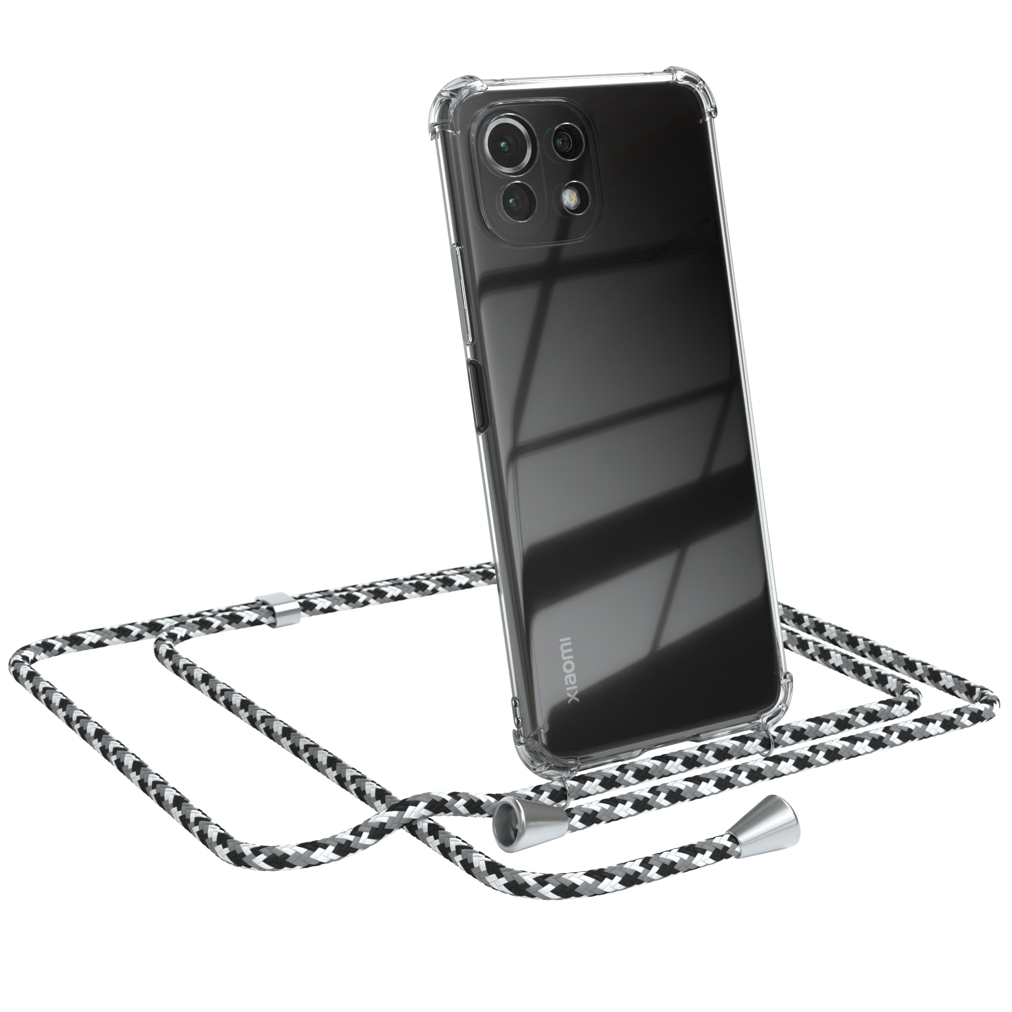Ein Telefon in einer transparenten Hülle mit schwarz-weißem Riemen. Telefon lehnt sich. Xiaomi-Logo sichtbar.