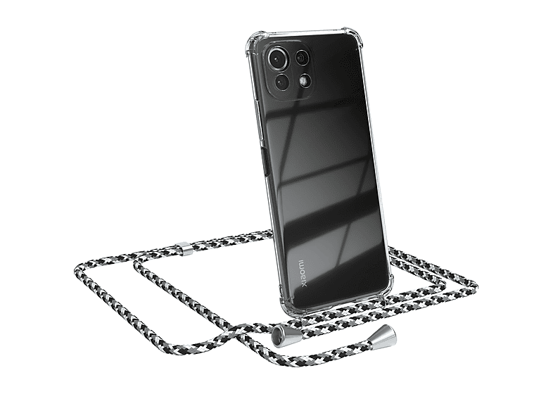 EAZY CASE Clear Cover mit Umhängeband, Umhängetasche, Xiaomi, Mi 11 Lite / 5G / 11 Lite 5G NE, Schwarz Camouflage / Clips Silber
