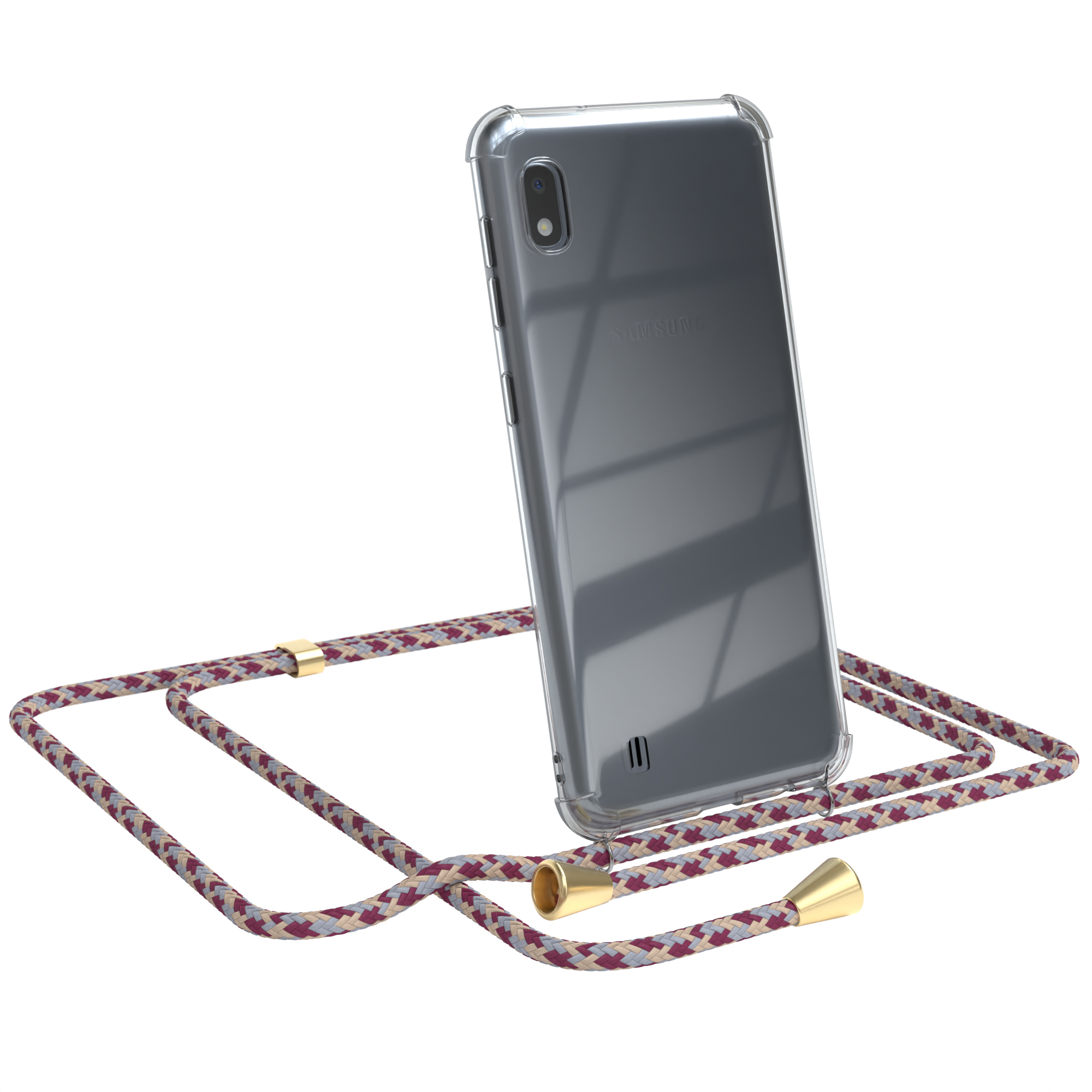 Transparente Handyhülle mit roter Kordel. Das Telefon hat ein Samsung-Logo.