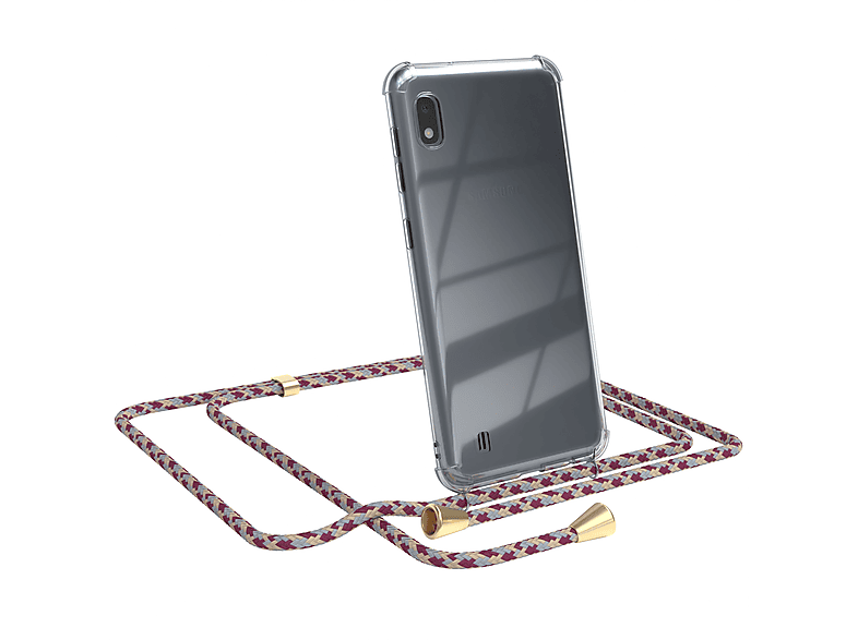 EAZY CASE Clear Cover mit Umhängeband, Umhängetasche, Samsung, Galaxy A10, Rot Beige Camouflage / Clips Gold