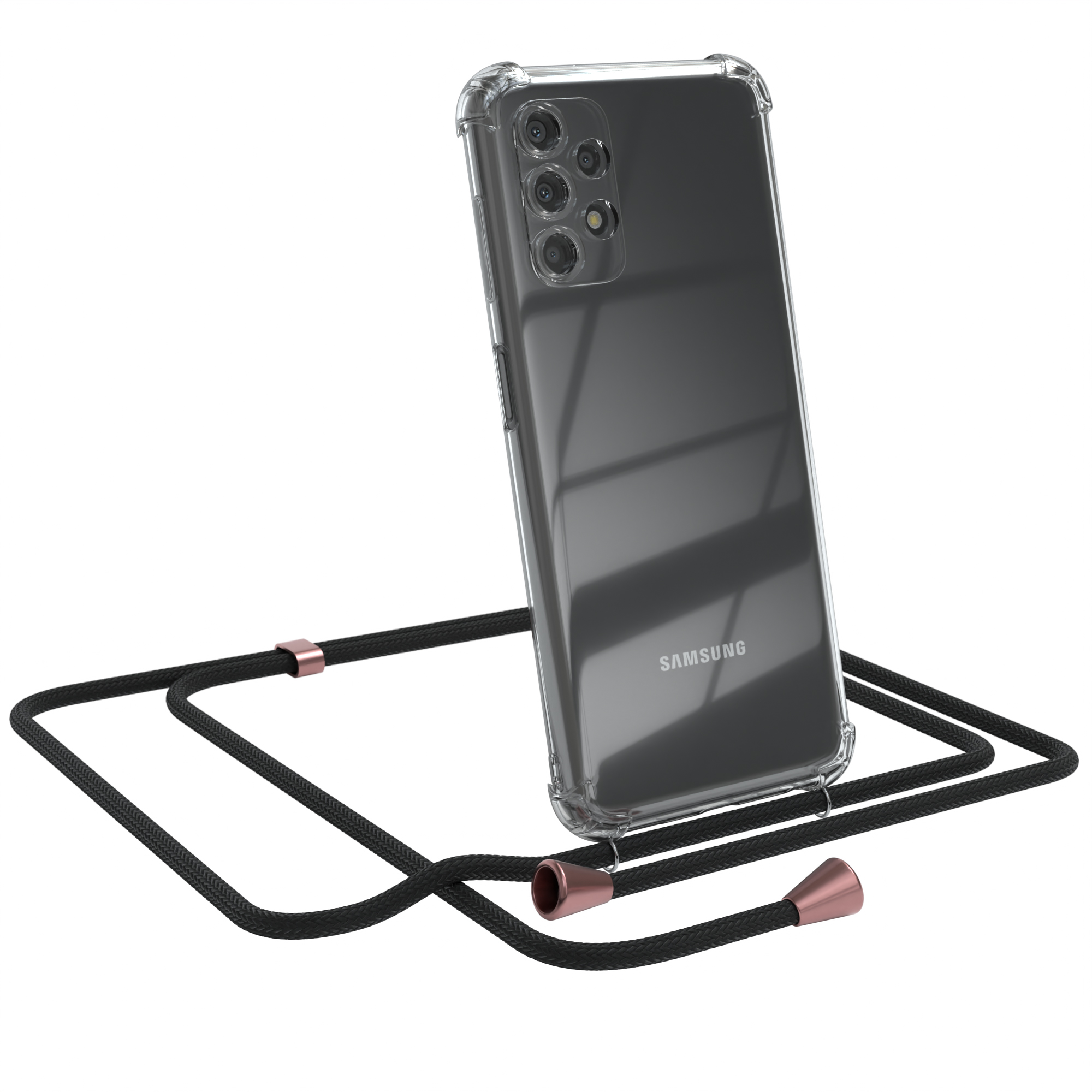 Klare Handyhülle mit schwarzem Lanyard. Samsung-Handy mit sichtbaren Kameras.