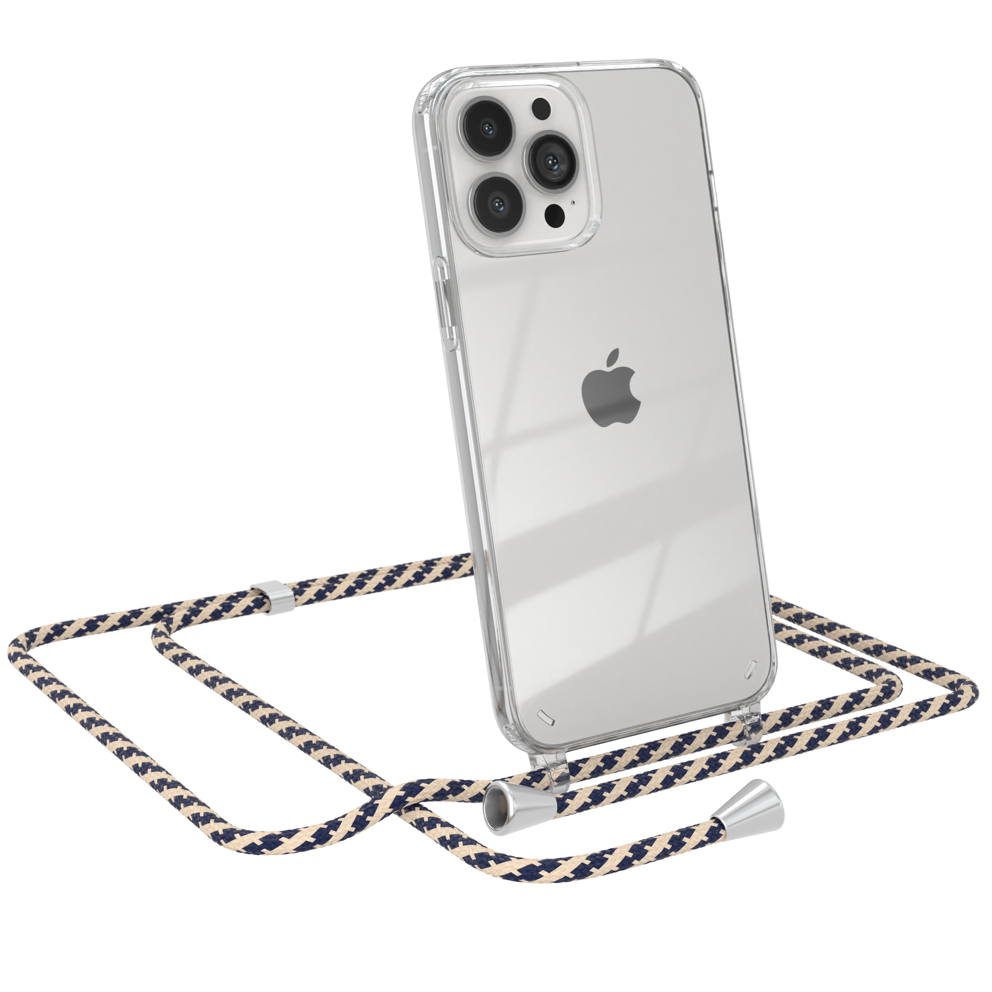 Transparente Handyhülle mit marineblauem und beigem Band. Ein iPhone ist darin. Silberne Akzente an den Enden.