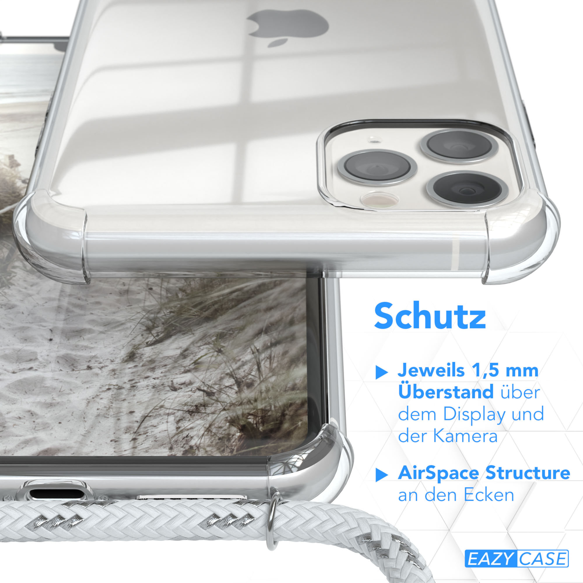Transparente Handyhülle, Text an der Seite, weißes Kabel. Sandhintergrund.