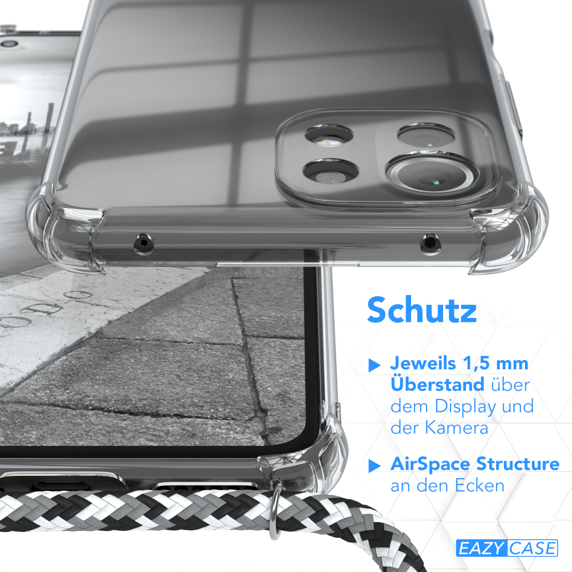 Nahaufnahme einer Handyhülle und Kordel. Text: 'Schutz' mit Details zum Displayschutz und AirSpace Structure.