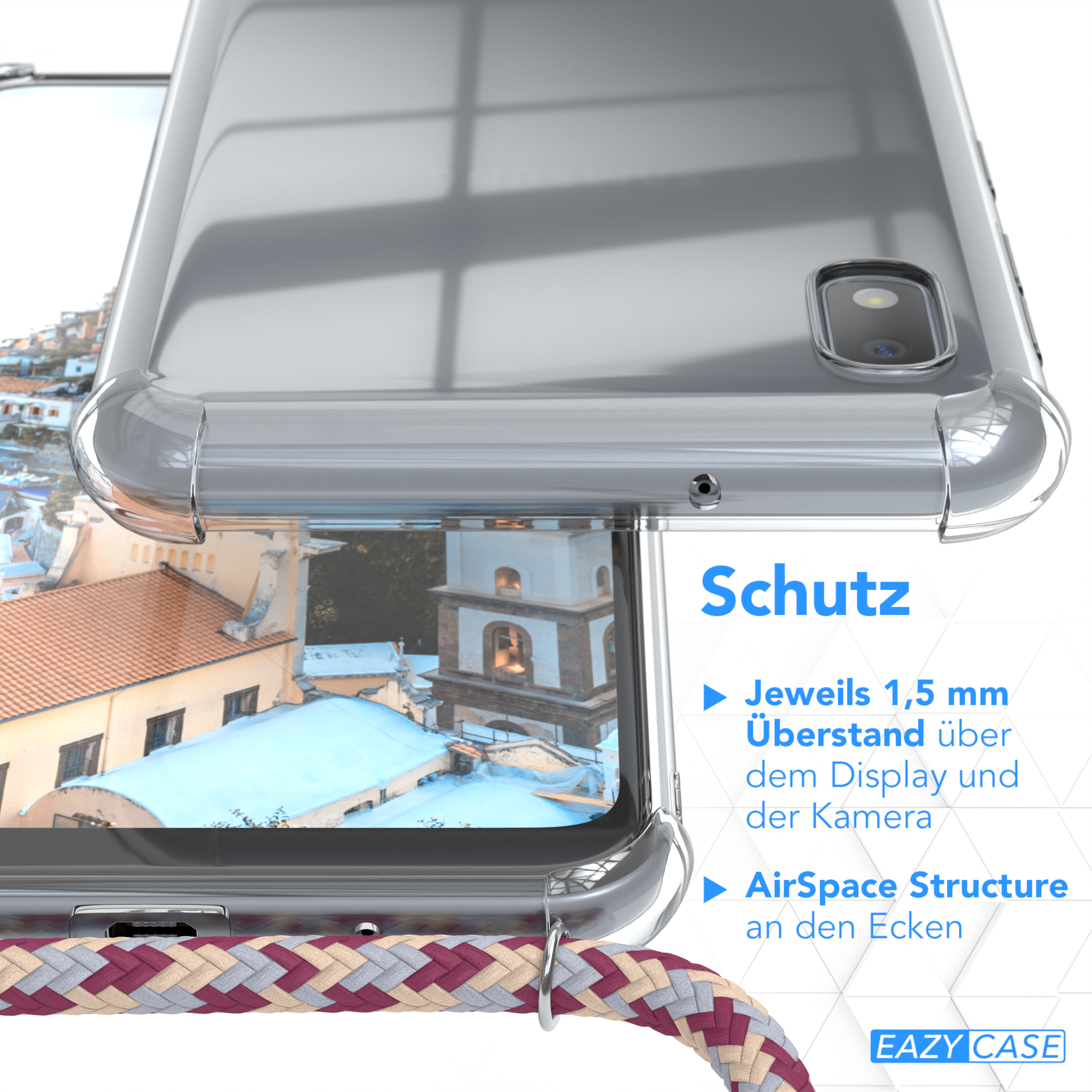 Nahaufnahme einer klaren Handyhülle mit einem Umhängeband. Text: Schutz (Schutz).