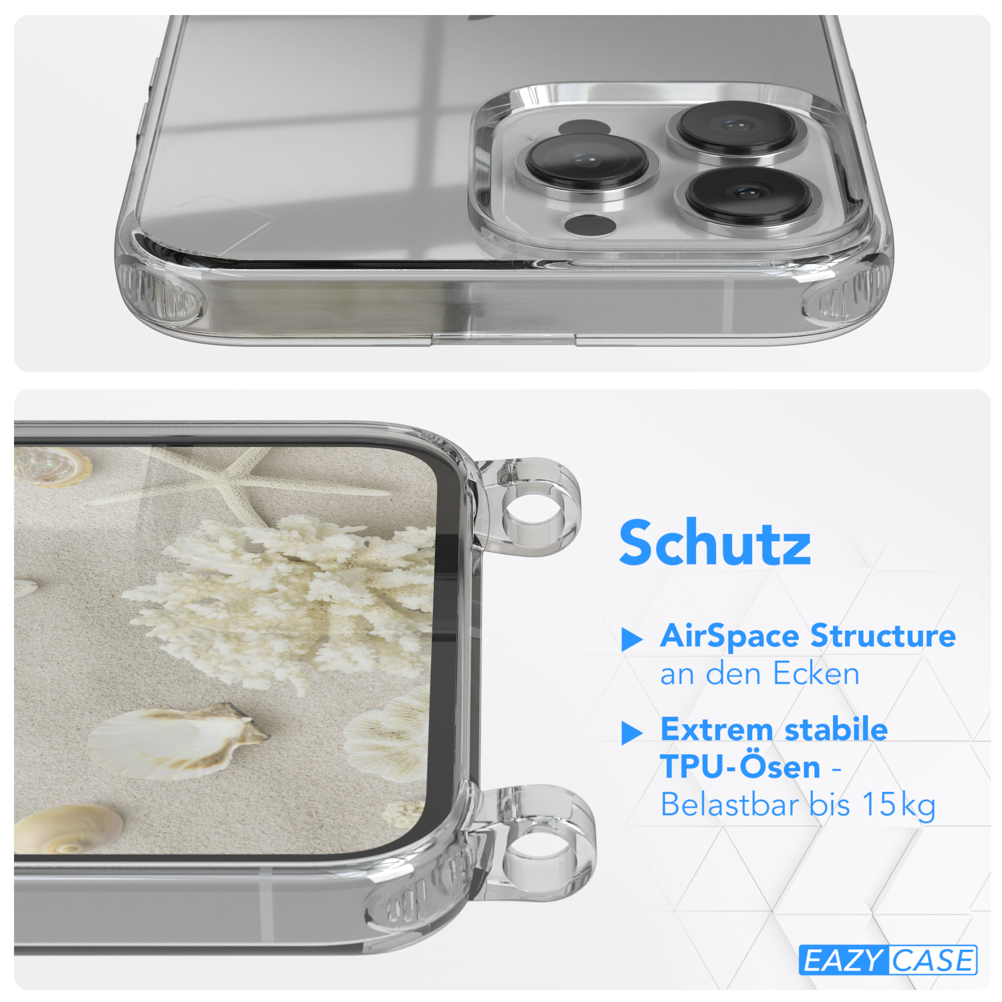 Transparente Handyhülle mit Muschel- und Sandhintergrund, aus zwei Blickwinkeln gezeigt. Text: Schutz, AirSpace.