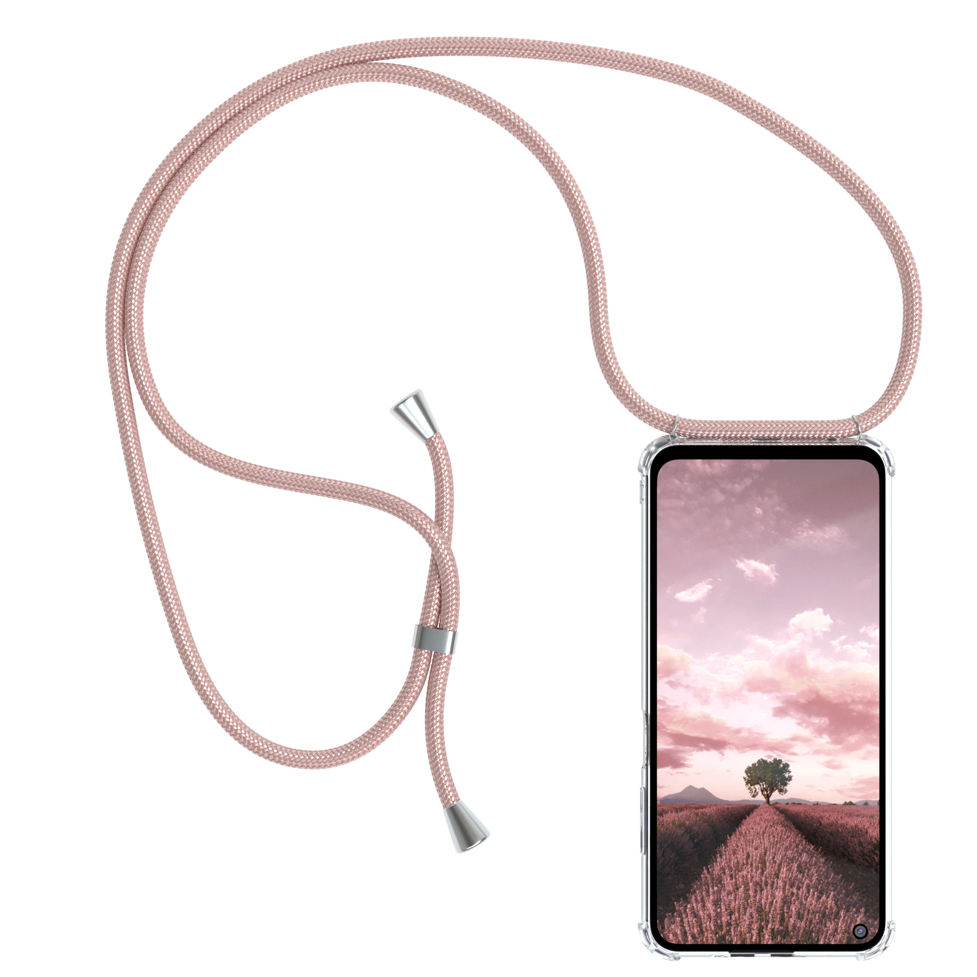 Telefon in klarer Hülle mit rosa Kordel. Display zeigt Lavendelfeld und Sonnenuntergang.