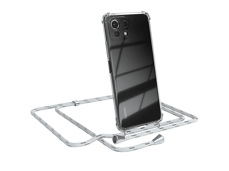 EAZY CASE Clear Cover mit Umhängeband, Umhängetasche, Xiaomi, Mi 11 Lite / 5G / 11 Lite 5G NE, Weiß / Clips Silber