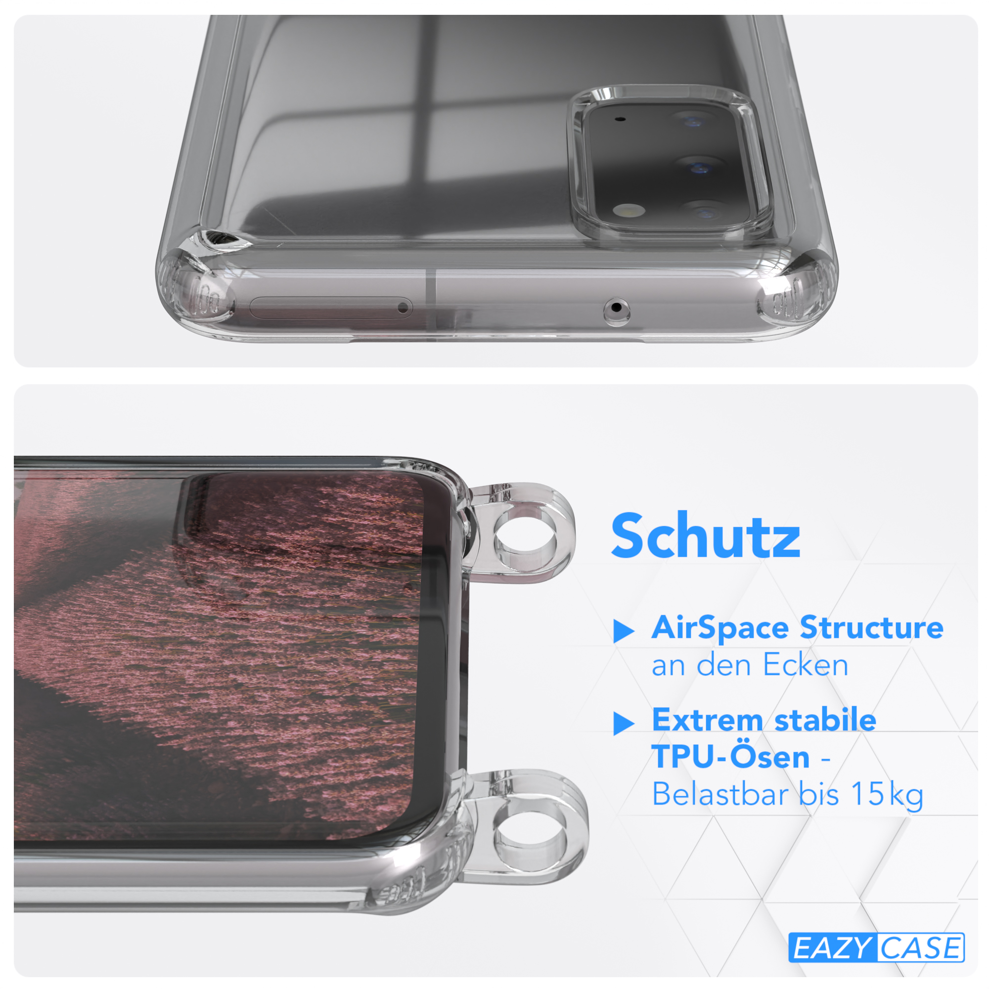 Transparente Handyhülle auf einem Telefon. Details, AirSpace-Struktur, TPU-Ösen. Text: Schutz.