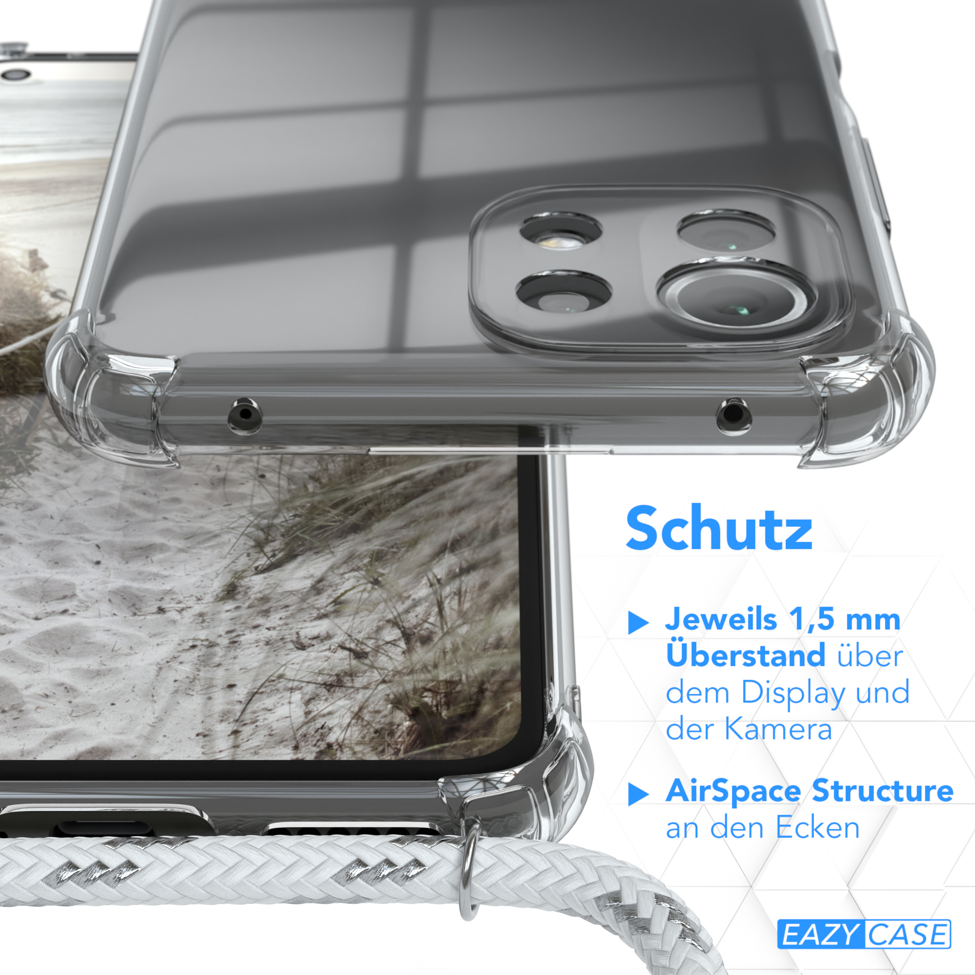 Transparente Handyhülle, die ein Telefon schützt. Nahaufnahme. Details der Handyhülle werden gezeigt.