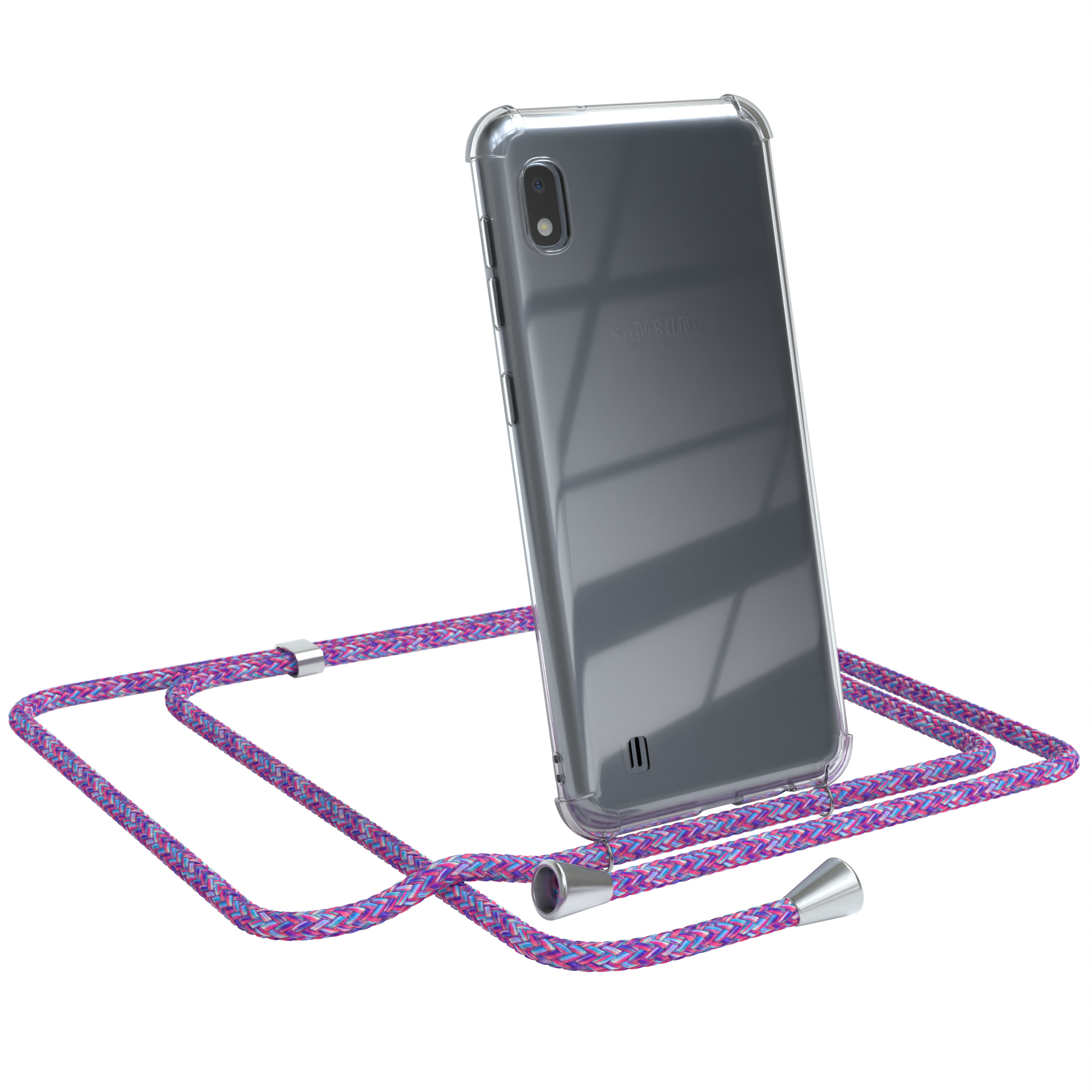 Transparente Handyhülle mit Telefon und lila Umhängeband auf weißem Grund.