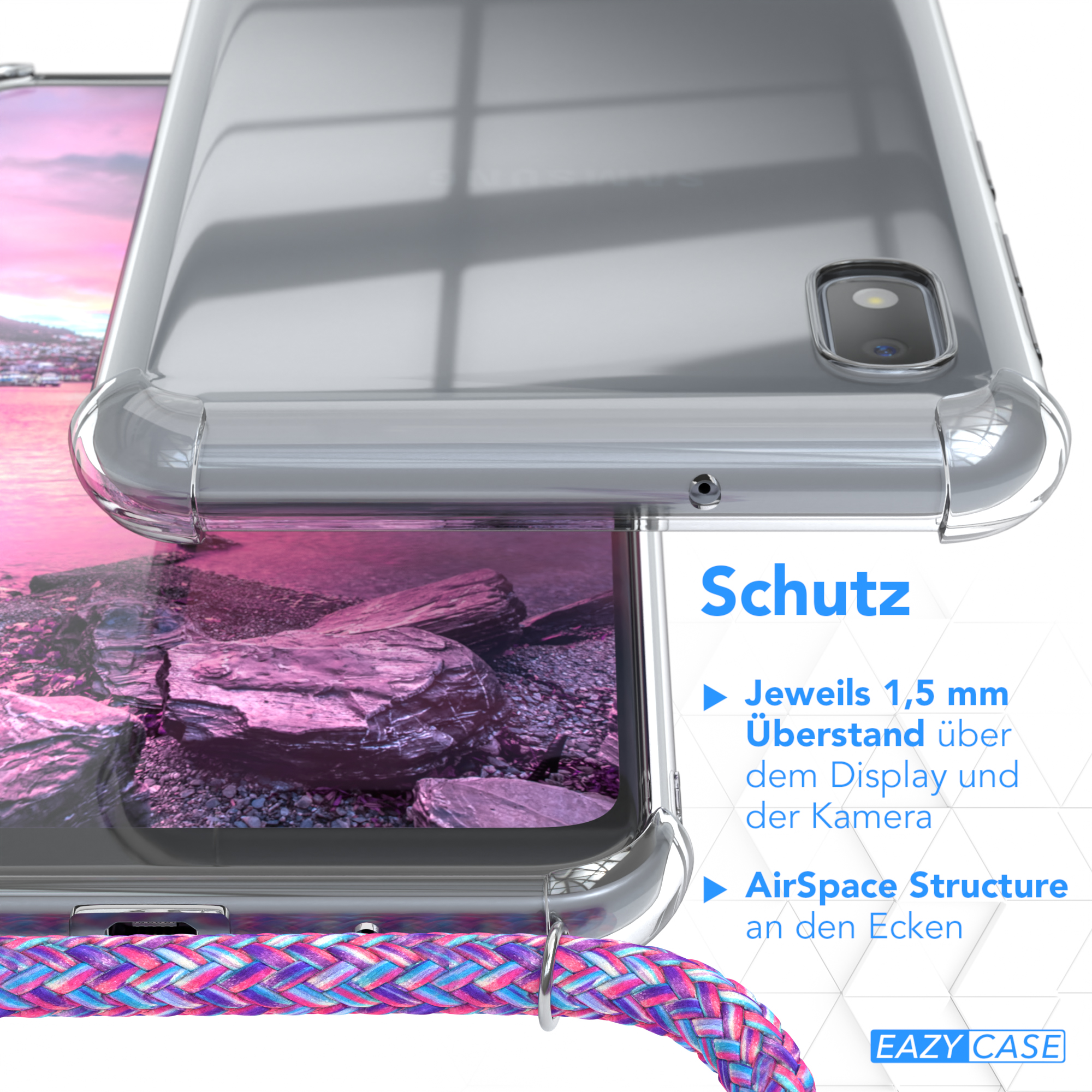 Transparente Handyhülle auf einem Telefon, ein rosa und blau geflochtenes Kabel.