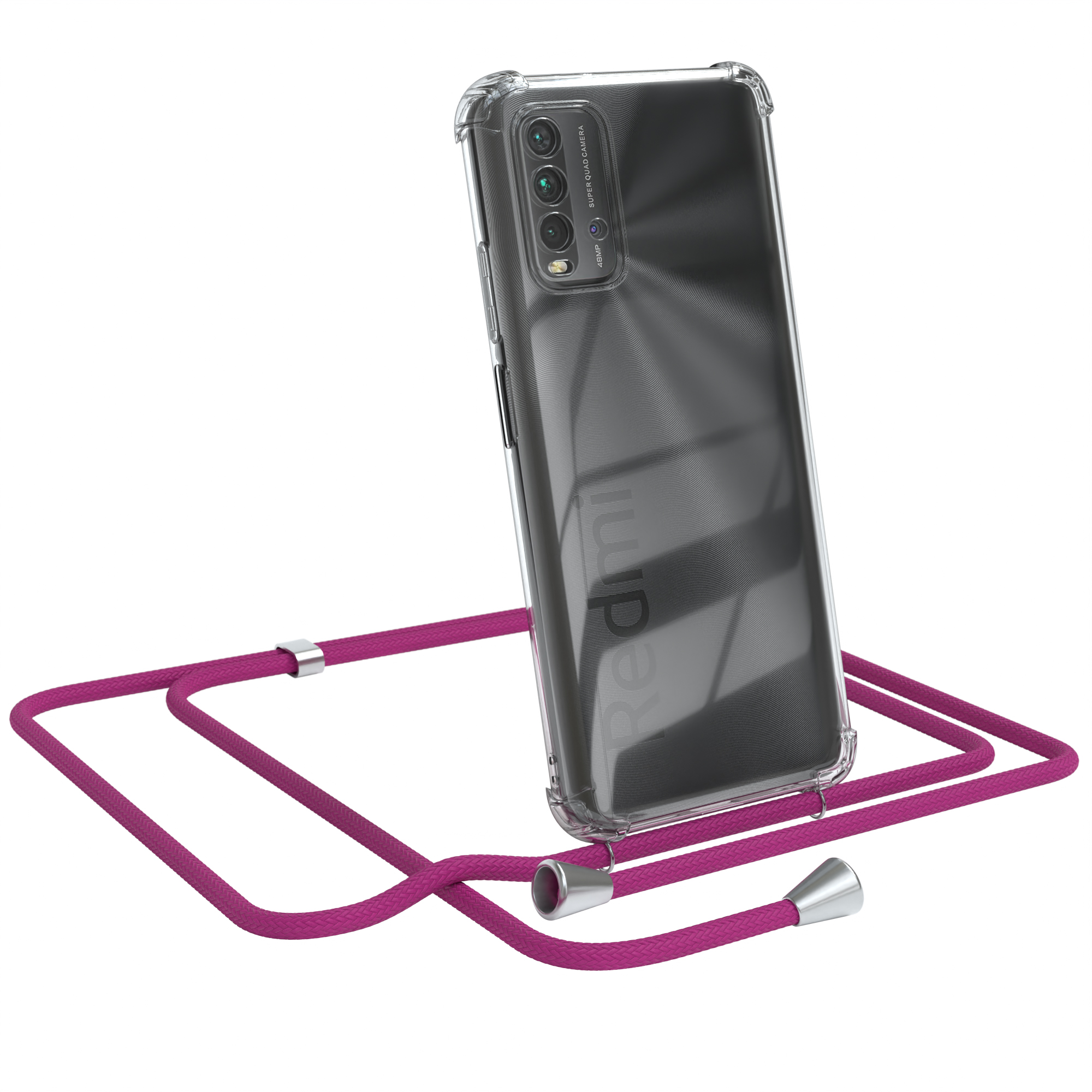 Transparente Handyhülle mit pinkfarbenem Schlüsselband. Telefon angewinkelt. Weißer Hintergrund.