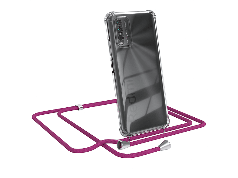 EAZY CASE Clear Cover mit Umhängeband, Umhängetasche, Xiaomi, Redmi 9T, Pink / Clips Silber