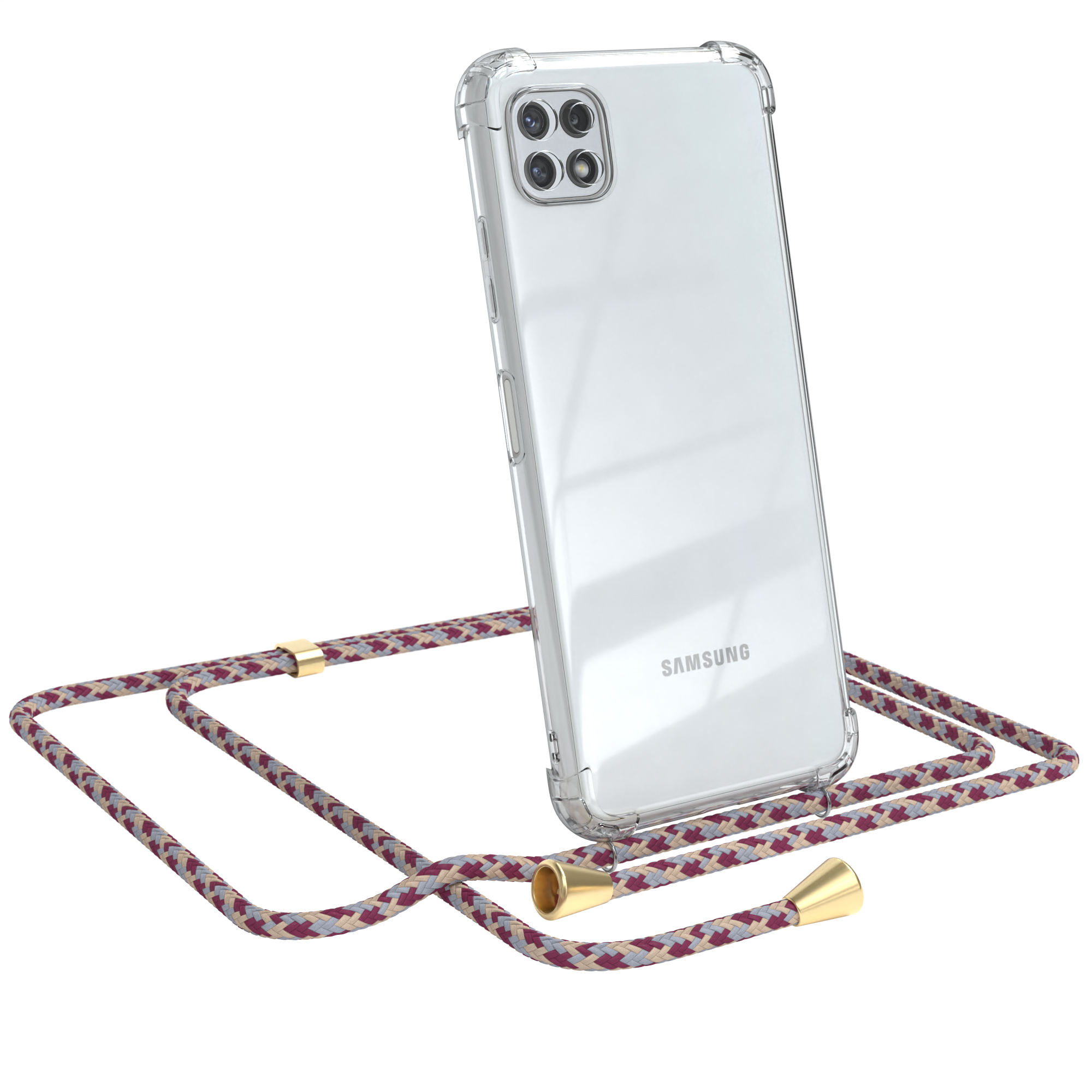 Transparente Handyhülle mit gemustertem Band. Ein Samsung-Logo ist sichtbar.